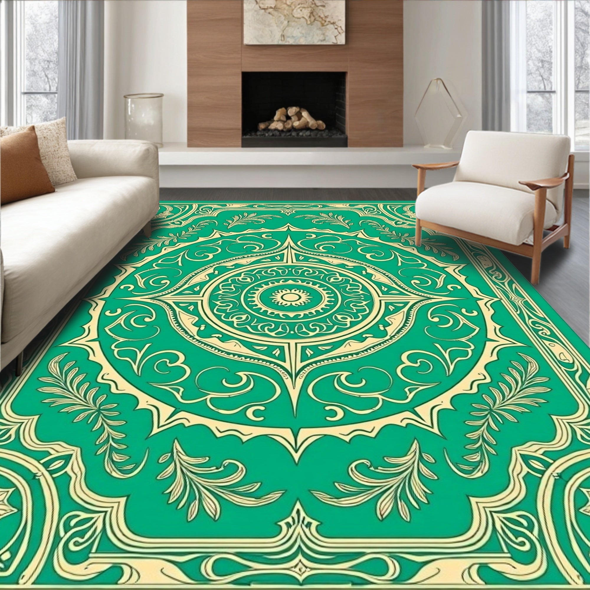 Emerald and Gold Mandala Medallion Rug