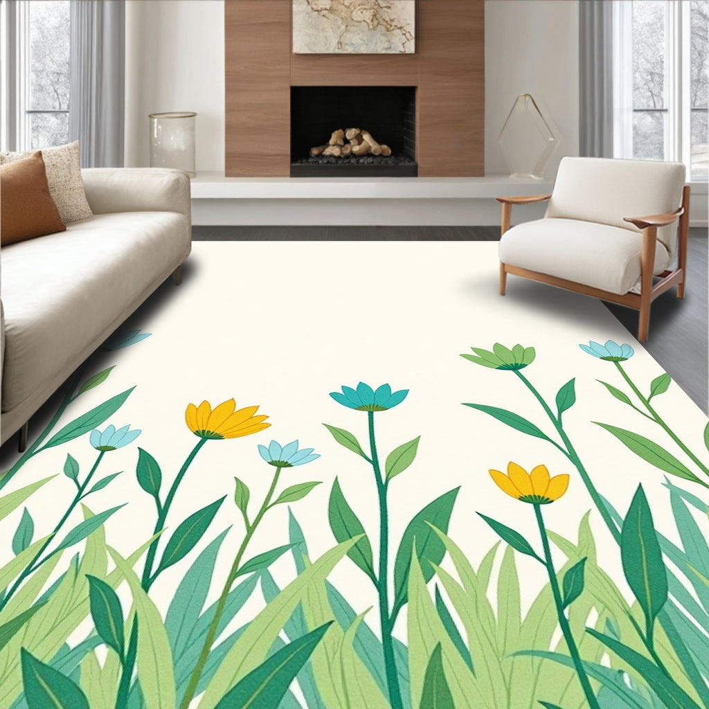 Delicate Blooming Garden Grass Flowers Rug
