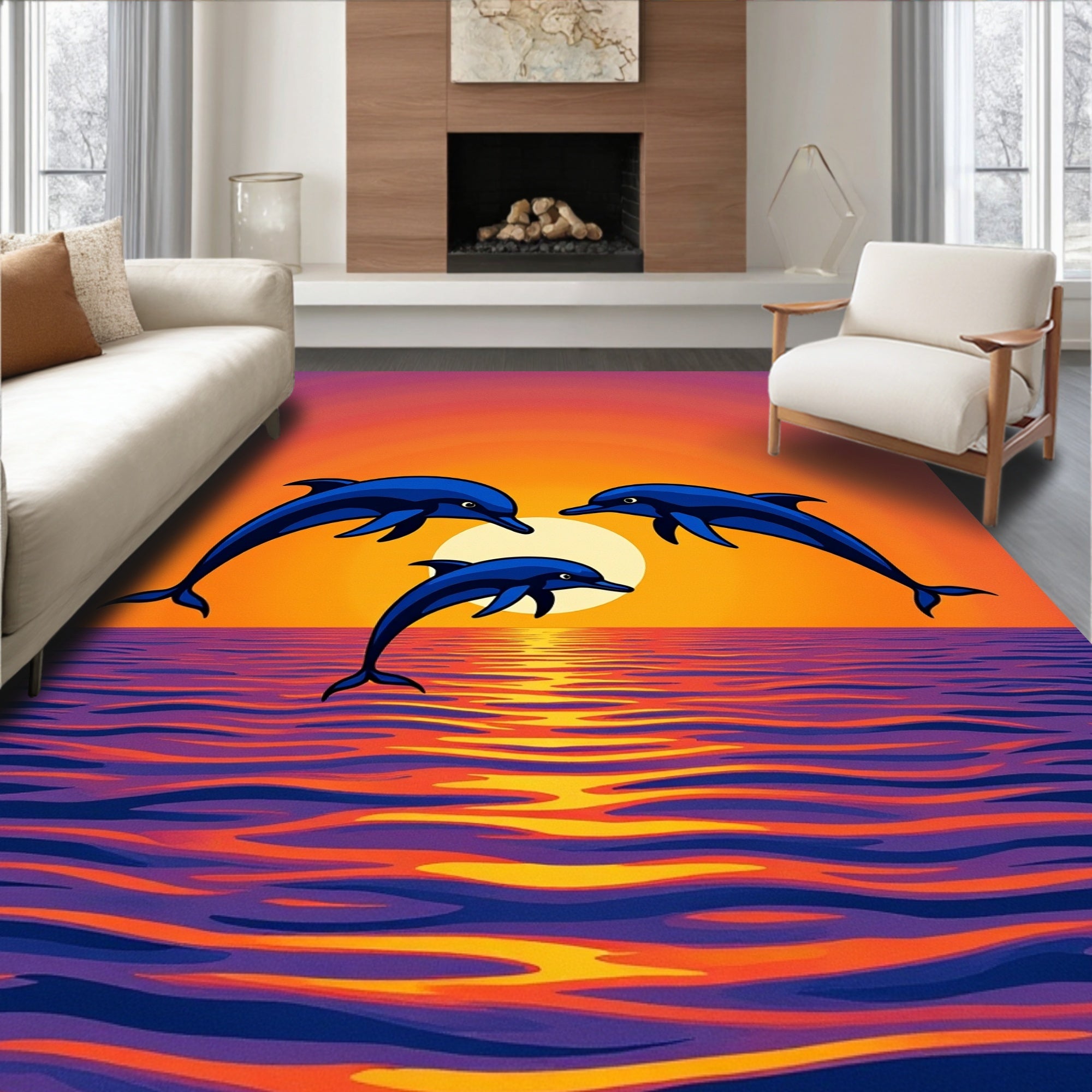 Vibrant Blue Dolphins Sunset Ocean Waves Rug