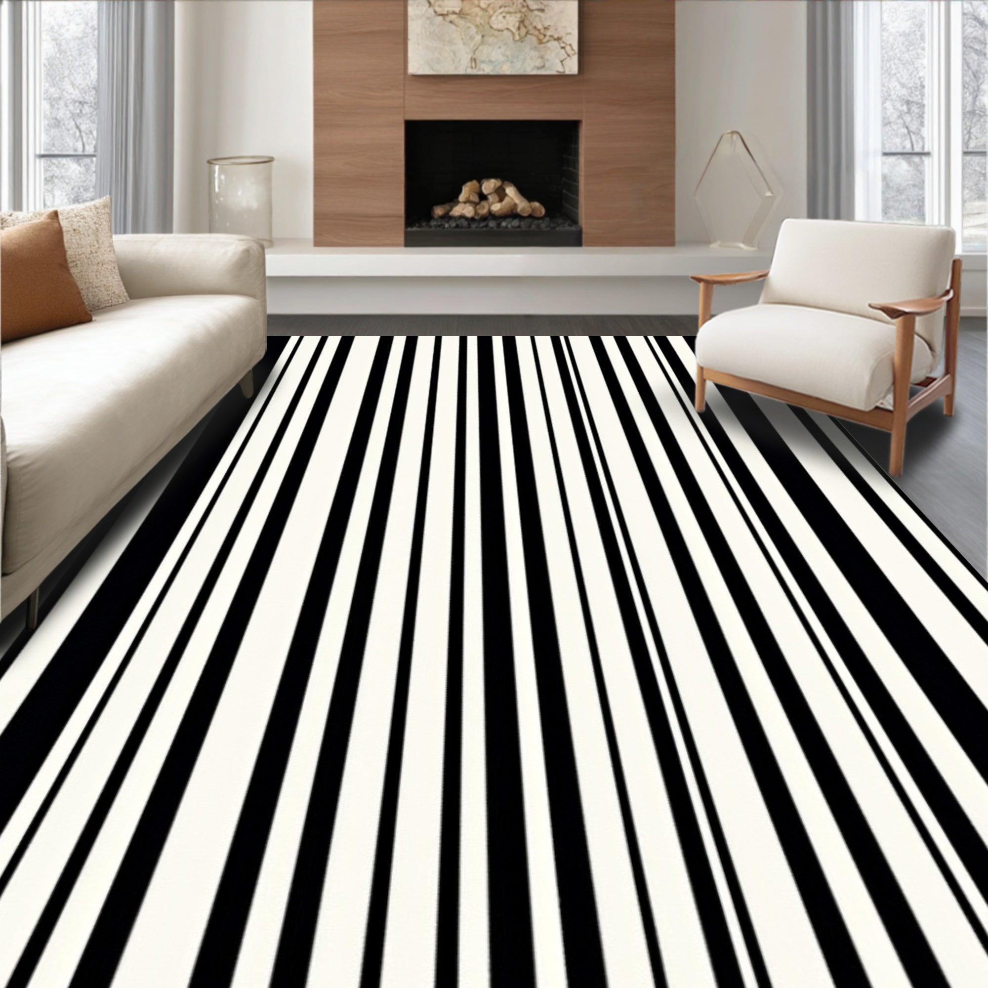 Modern Black and White Vertical Stripes Rug