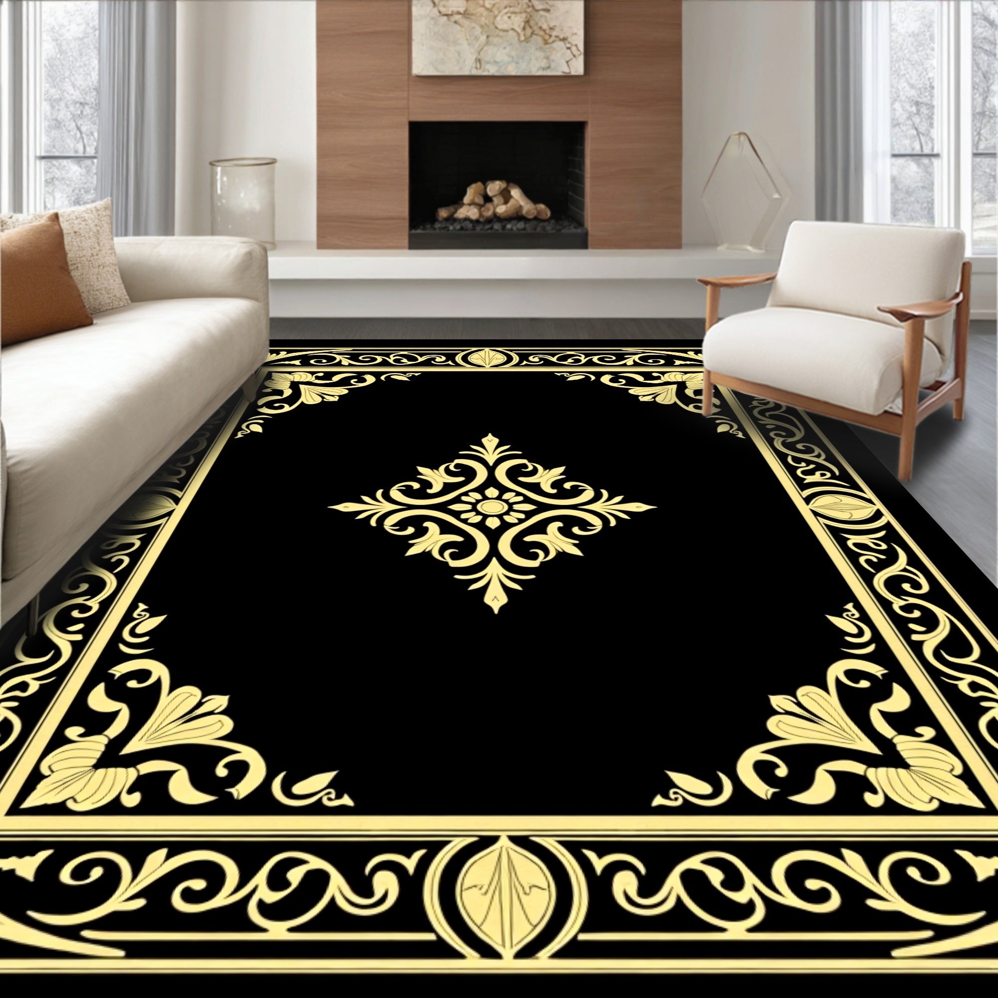 Ornate Gold Floral Border Black Rug