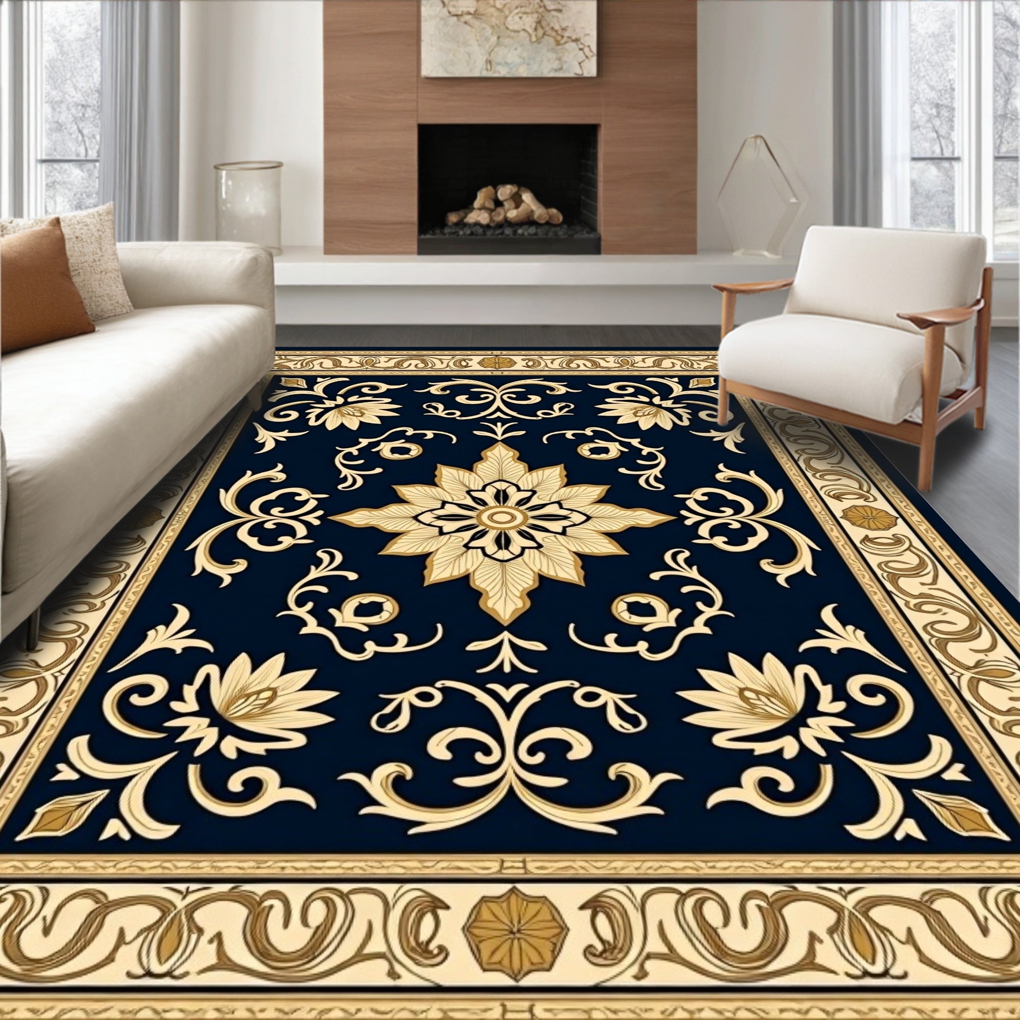 Classic Navy Floral Medallion Border Rug