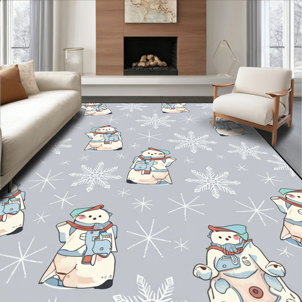 Chubby Snowmen With Snowflakes Gray Background Rug