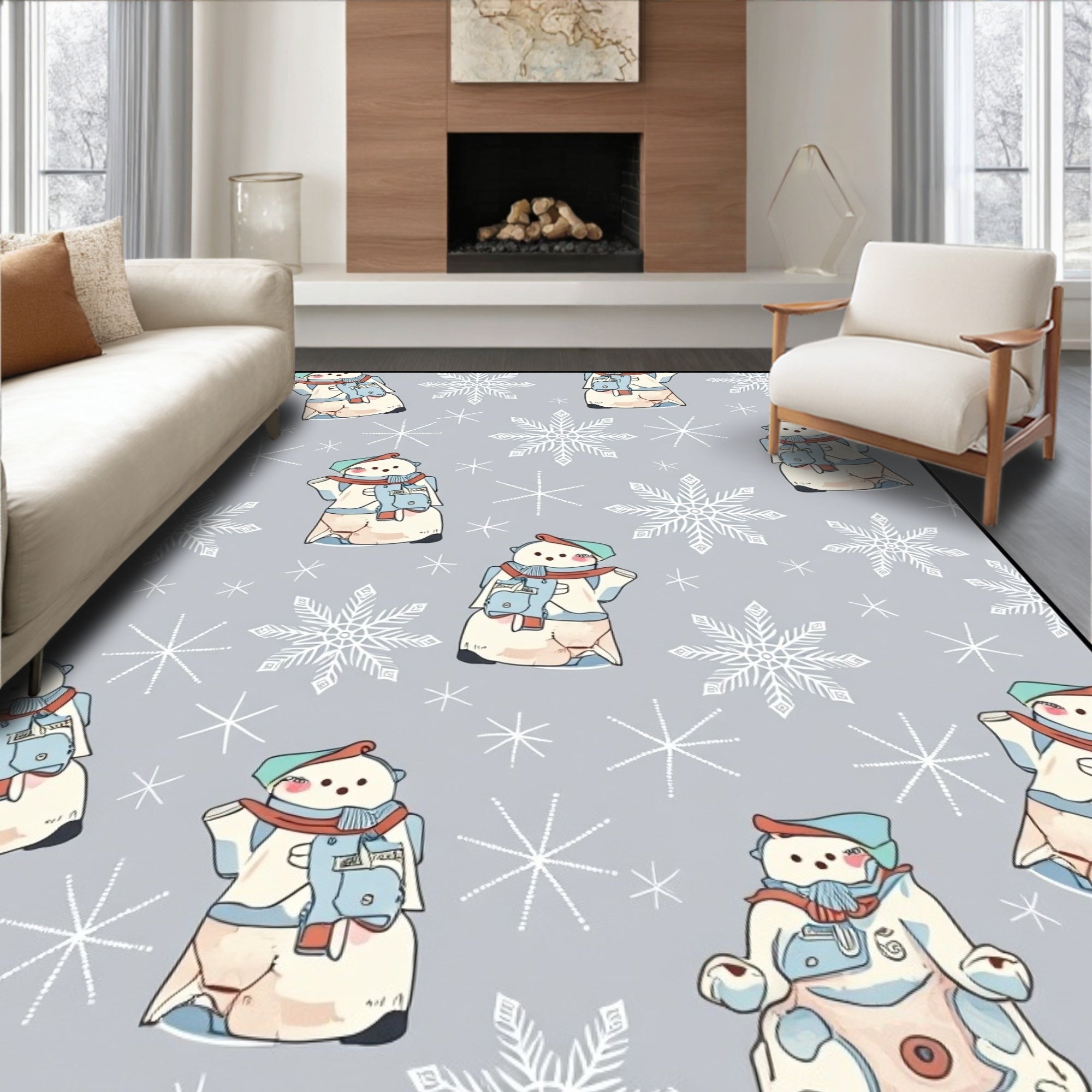 Chubby Snowmen With Snowflakes Gray Background Rug