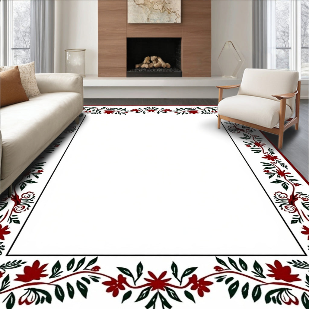 Dark Red Floral Vine BorderRug Rug