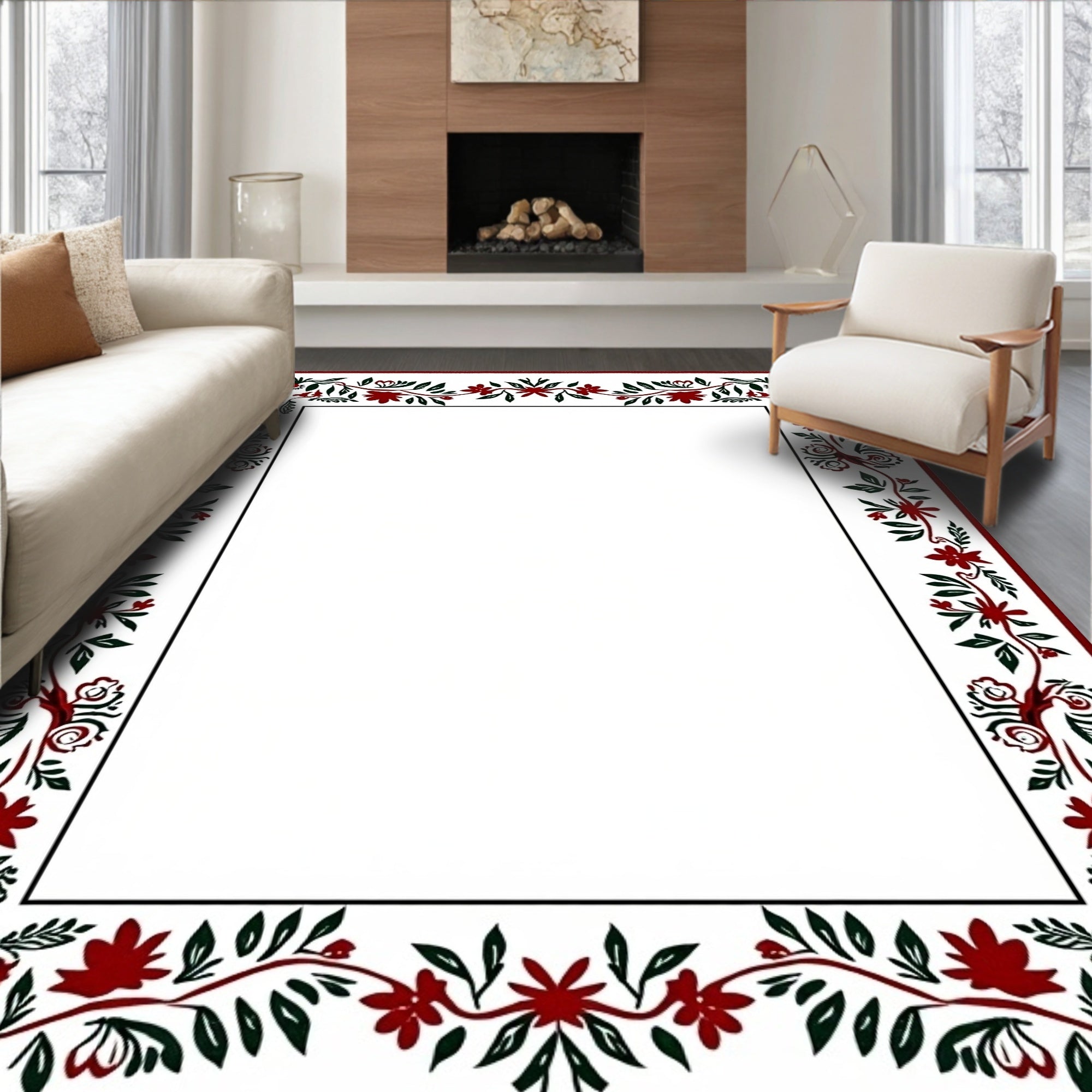 Dark Red Floral Vine BorderRug Rug