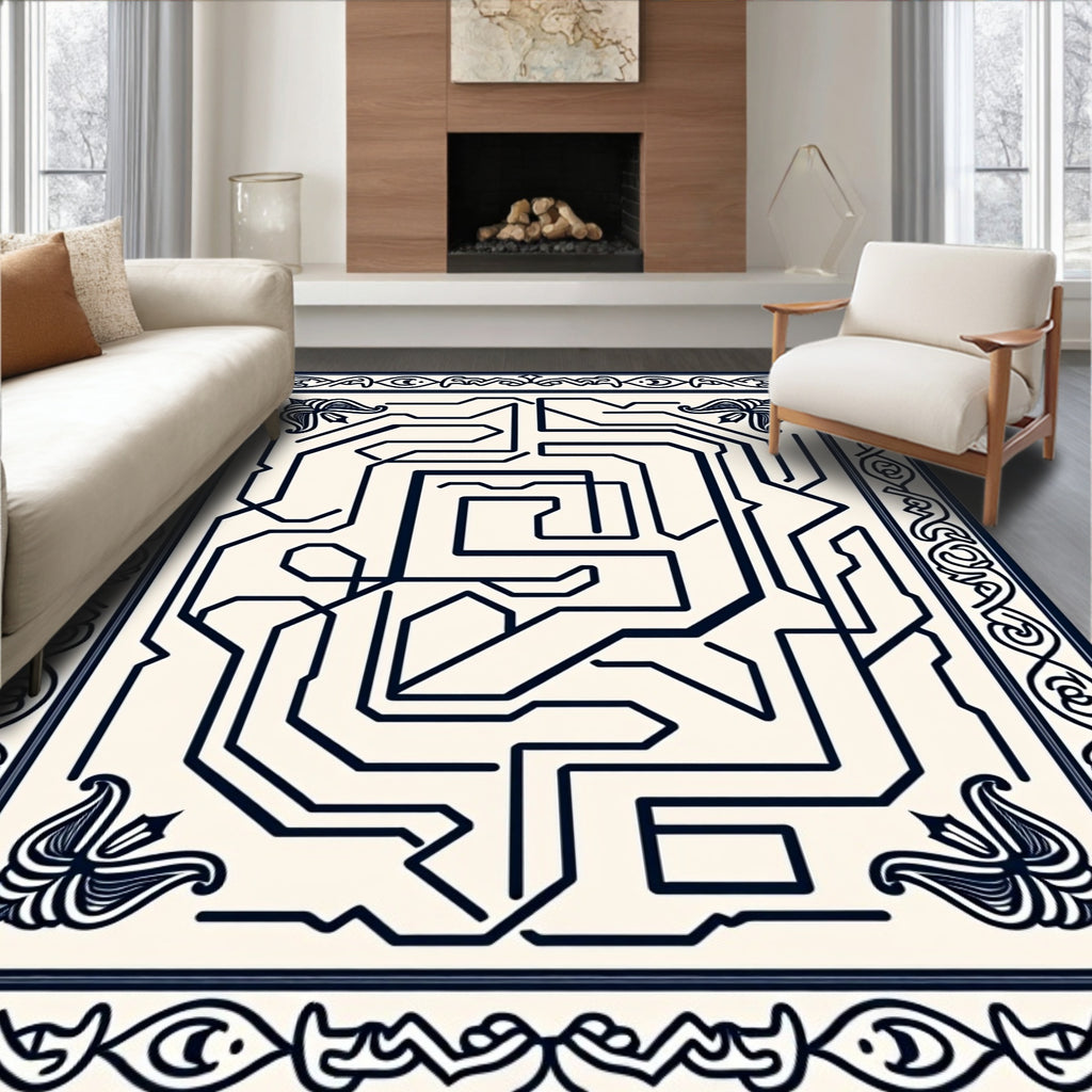 Creamy Navy Abstract Circuitry Maze Rug
