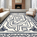 Creamy Navy Abstract Circuitry Maze Rug