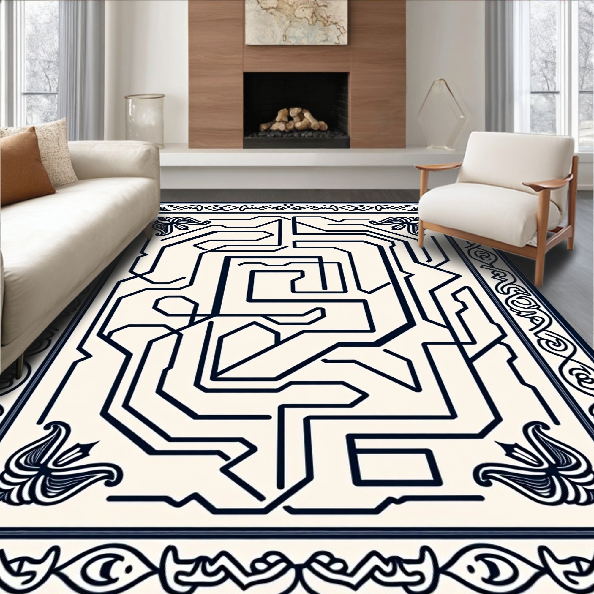 Creamy Navy Abstract Circuitry Maze Rug