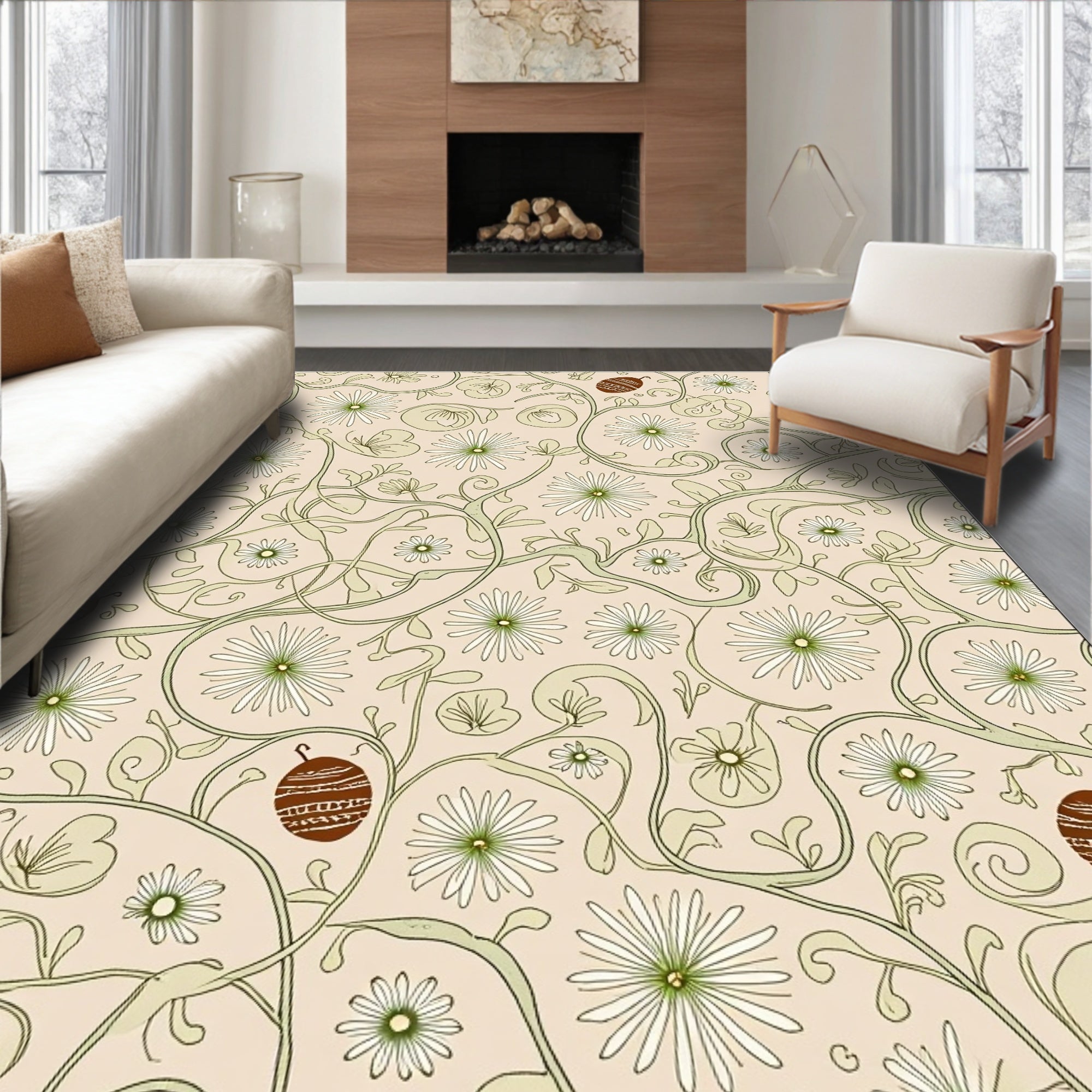 Nude Cream Floral Vine Illustration Rug