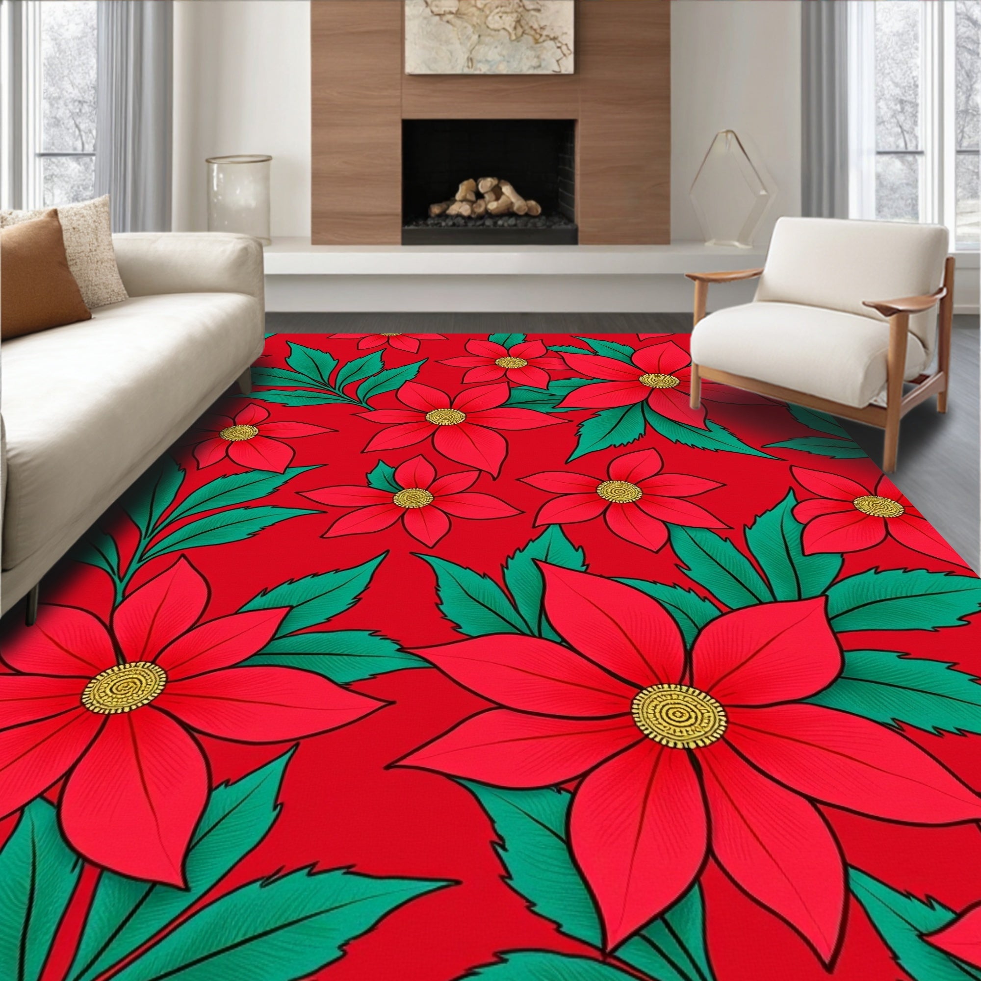 Vibrant Red Floral Garden Rug