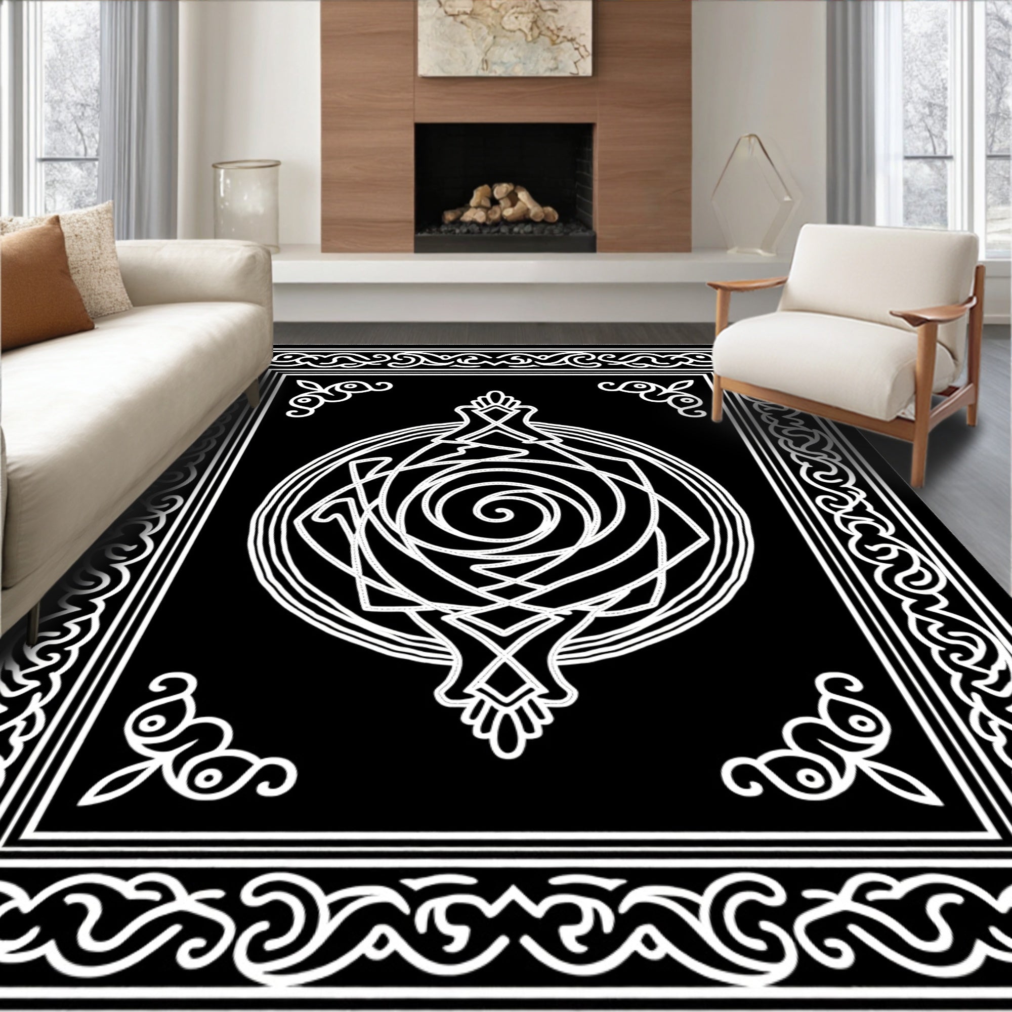 Black White Elaborate Orb Border Rug