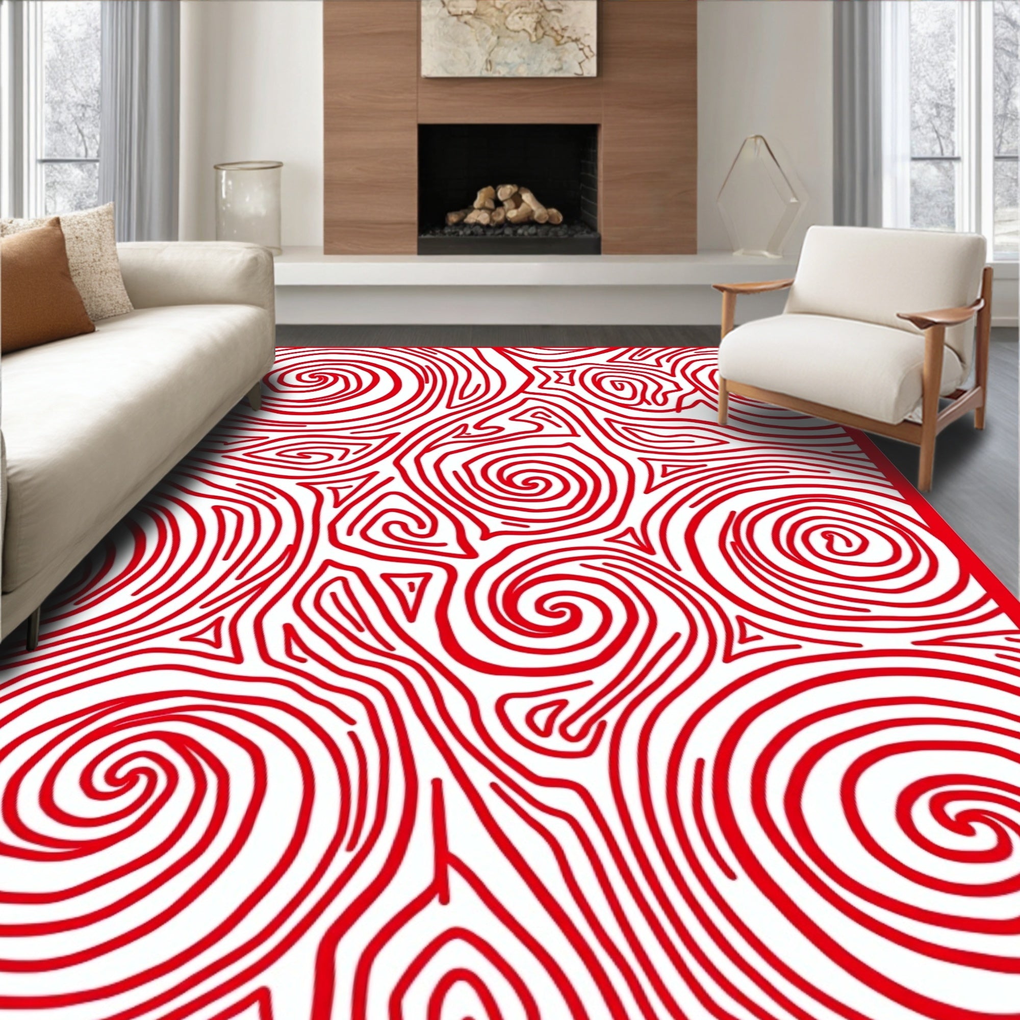 Red Swirling Line Abstract Rug