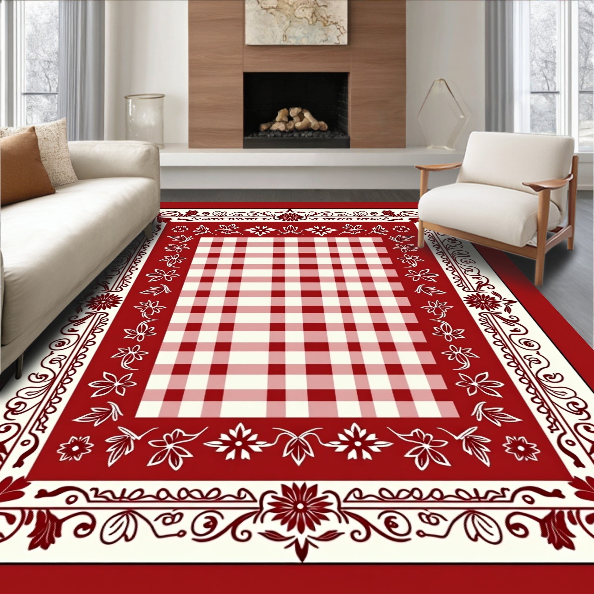 Red White Classic Gingham Floral Border Rug