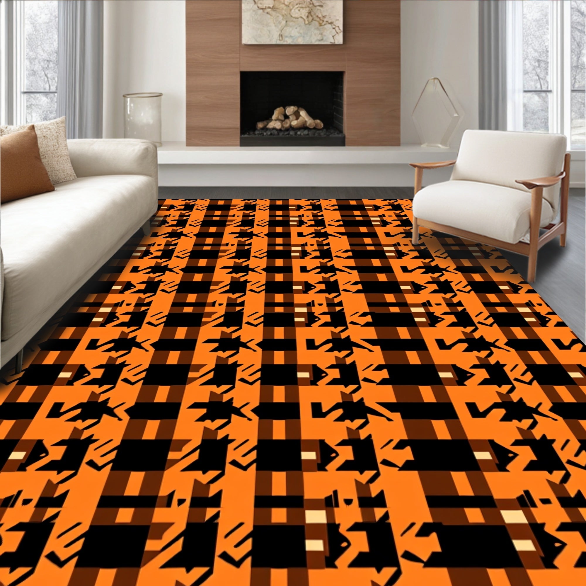 Rustic Orange Black Houndstooth Plaid Rug