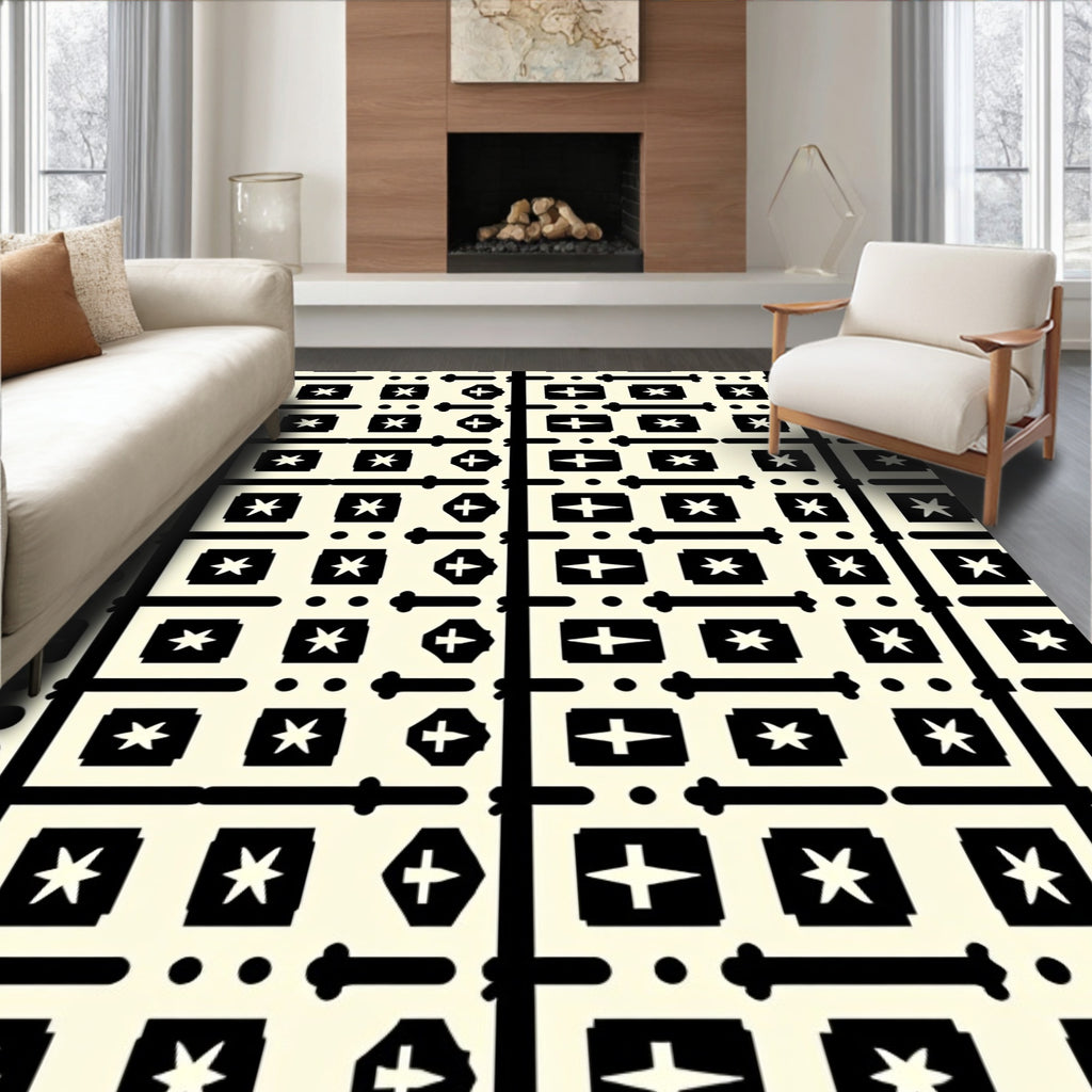 Cream And Black Geometric Star Medallion Rug
