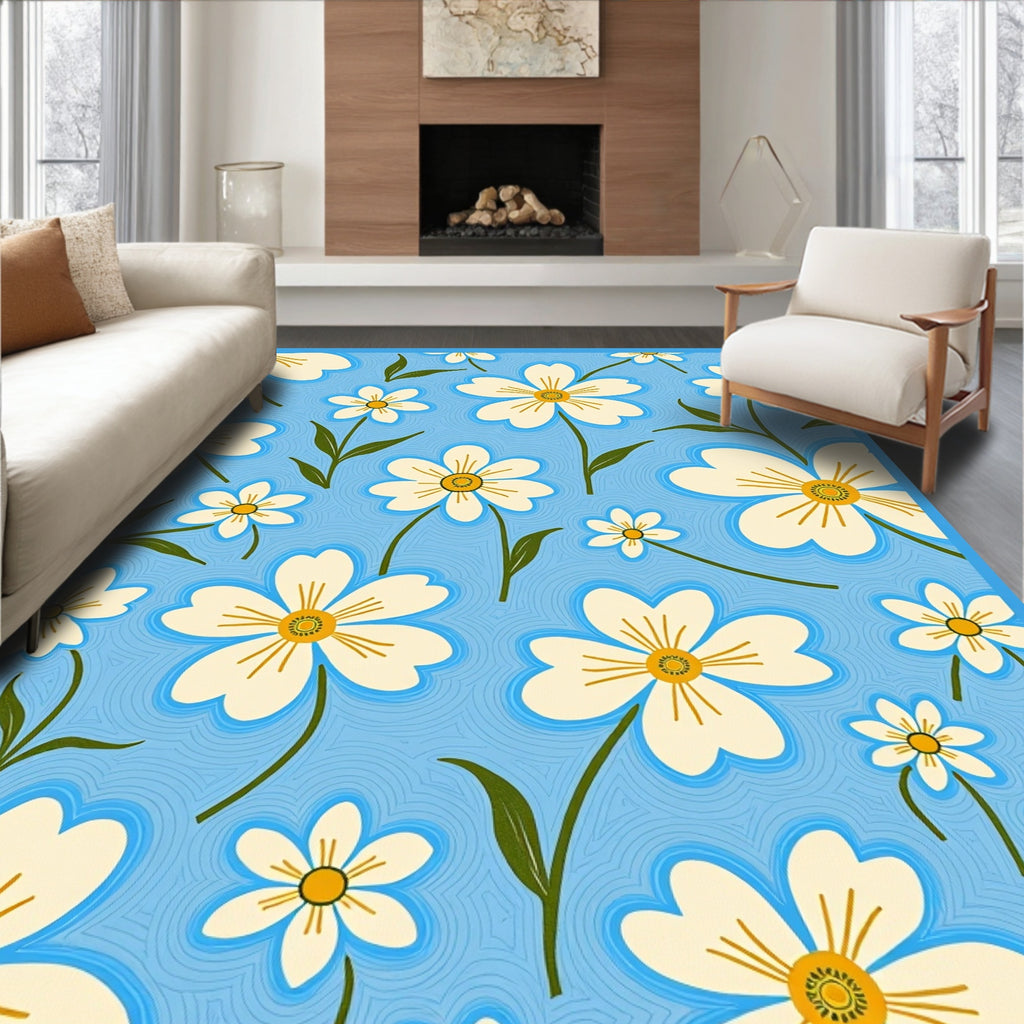 Bright White Daisy Sky blue Background Rug