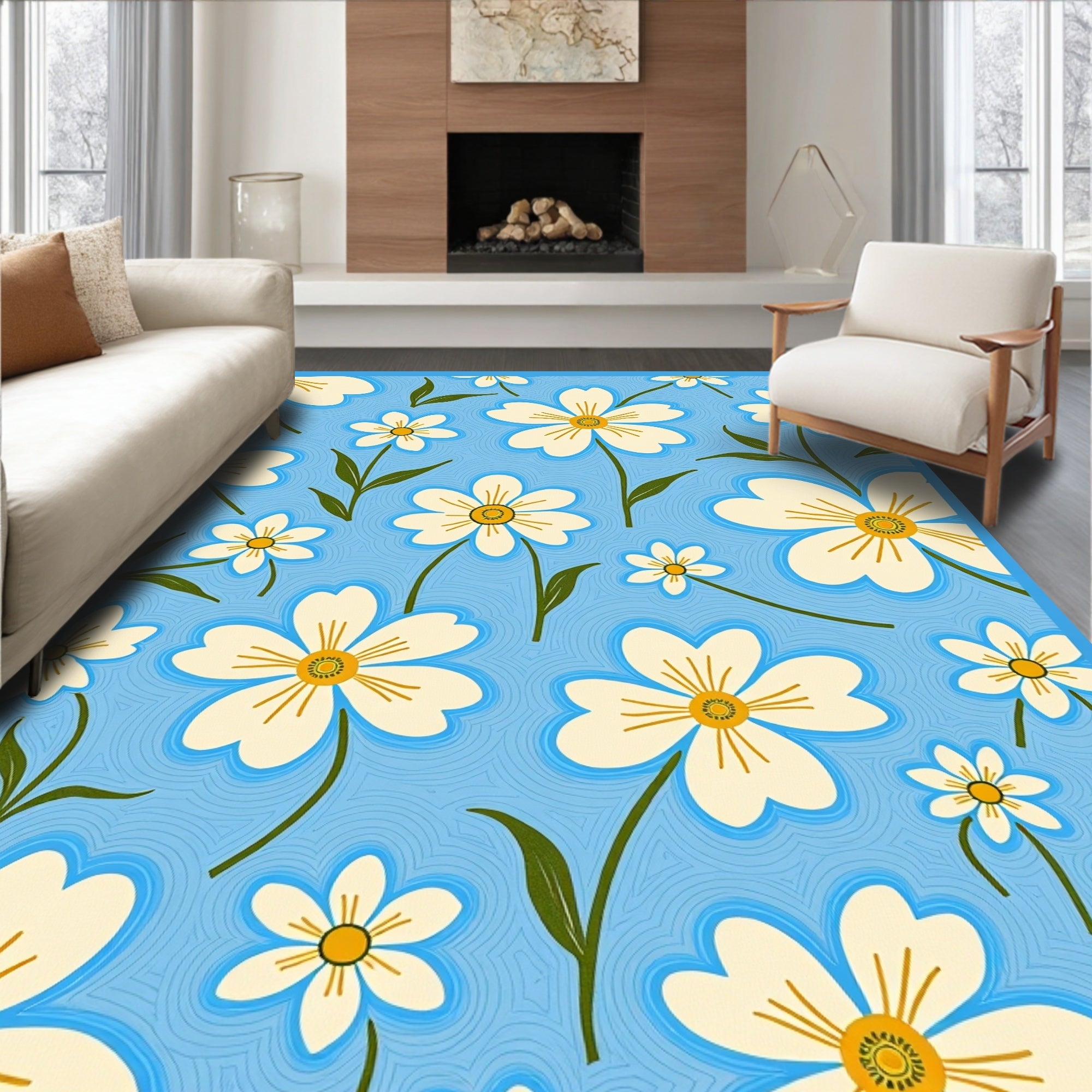 Bright White Daisy Sky blue Background Rug