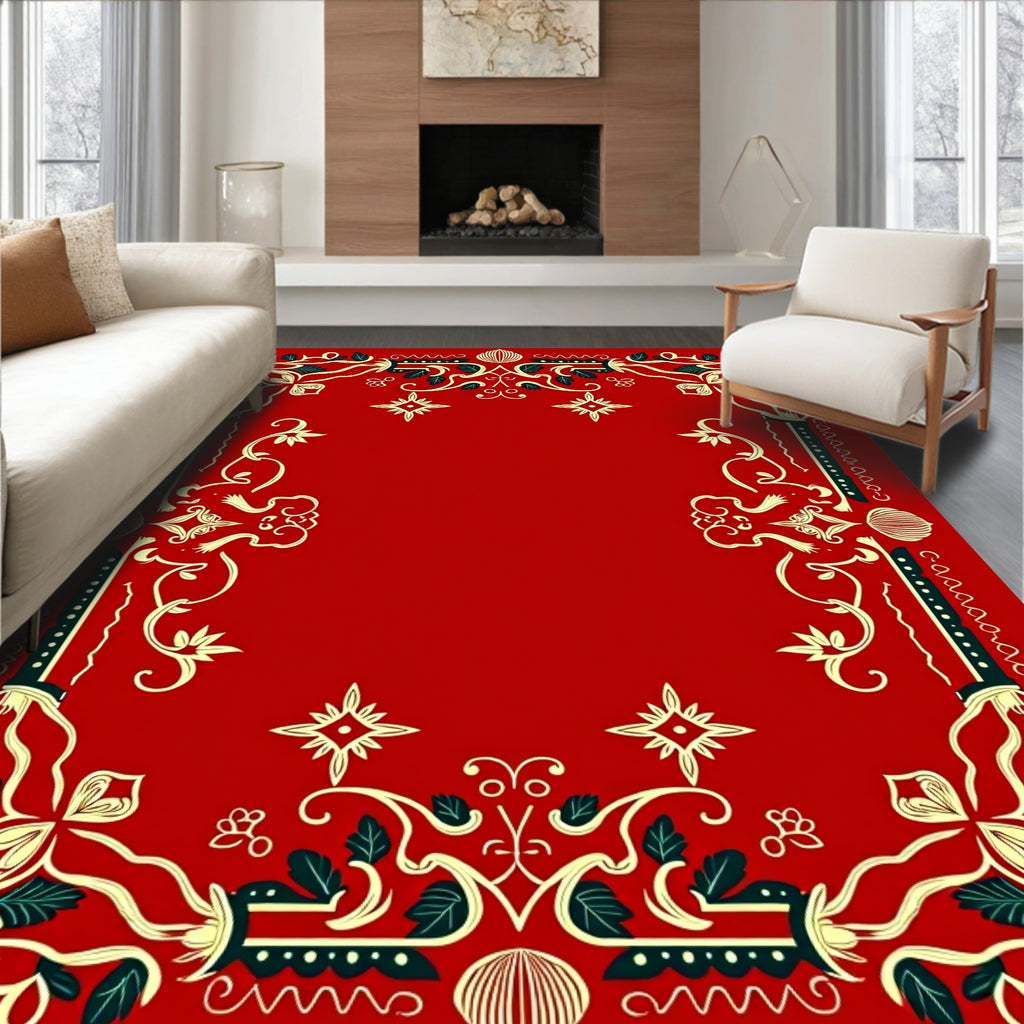 Crimson Floral Border With Emerald Accents Rug