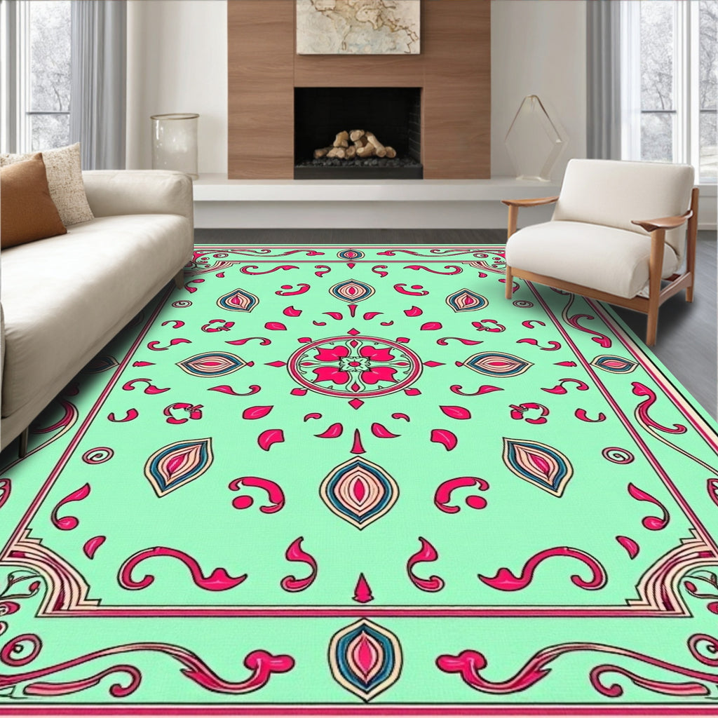 Aqua Pink Teal Floral Medallion Border Rug