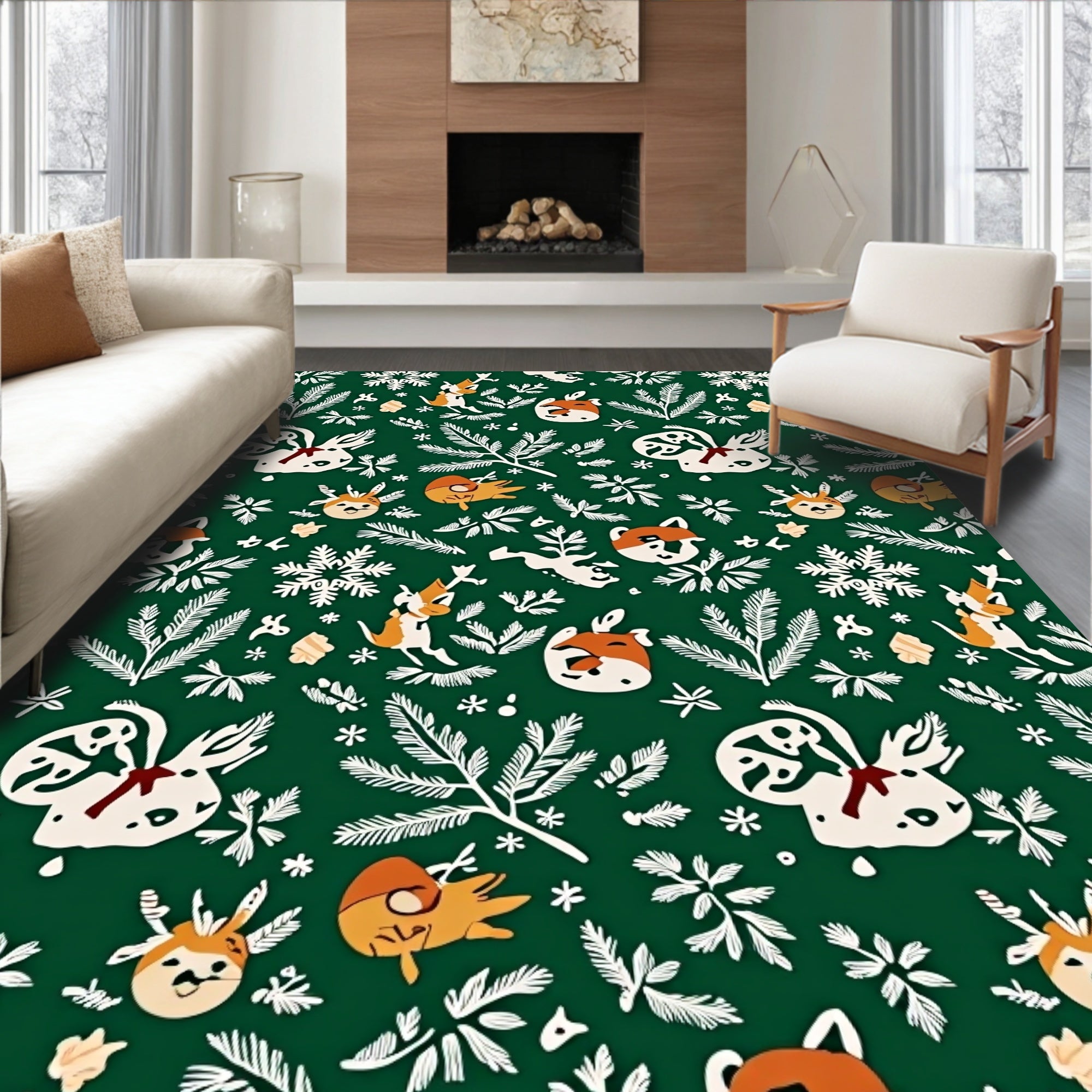 Whimsical Woodland Creatures Scatter Emerald Background Rug