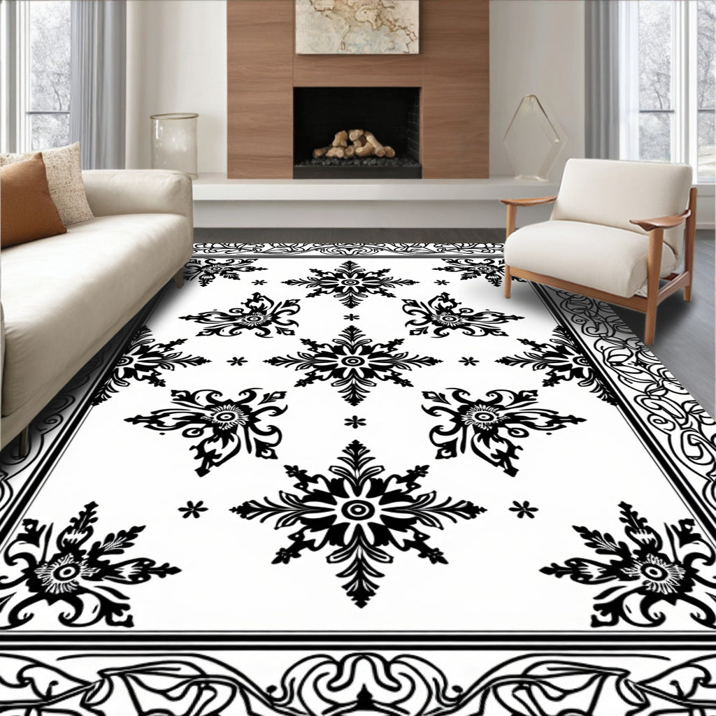 Black Symmetrical Floral Starburst Border Rug