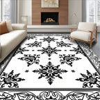 Black Symmetrical Floral Starburst Border Rug