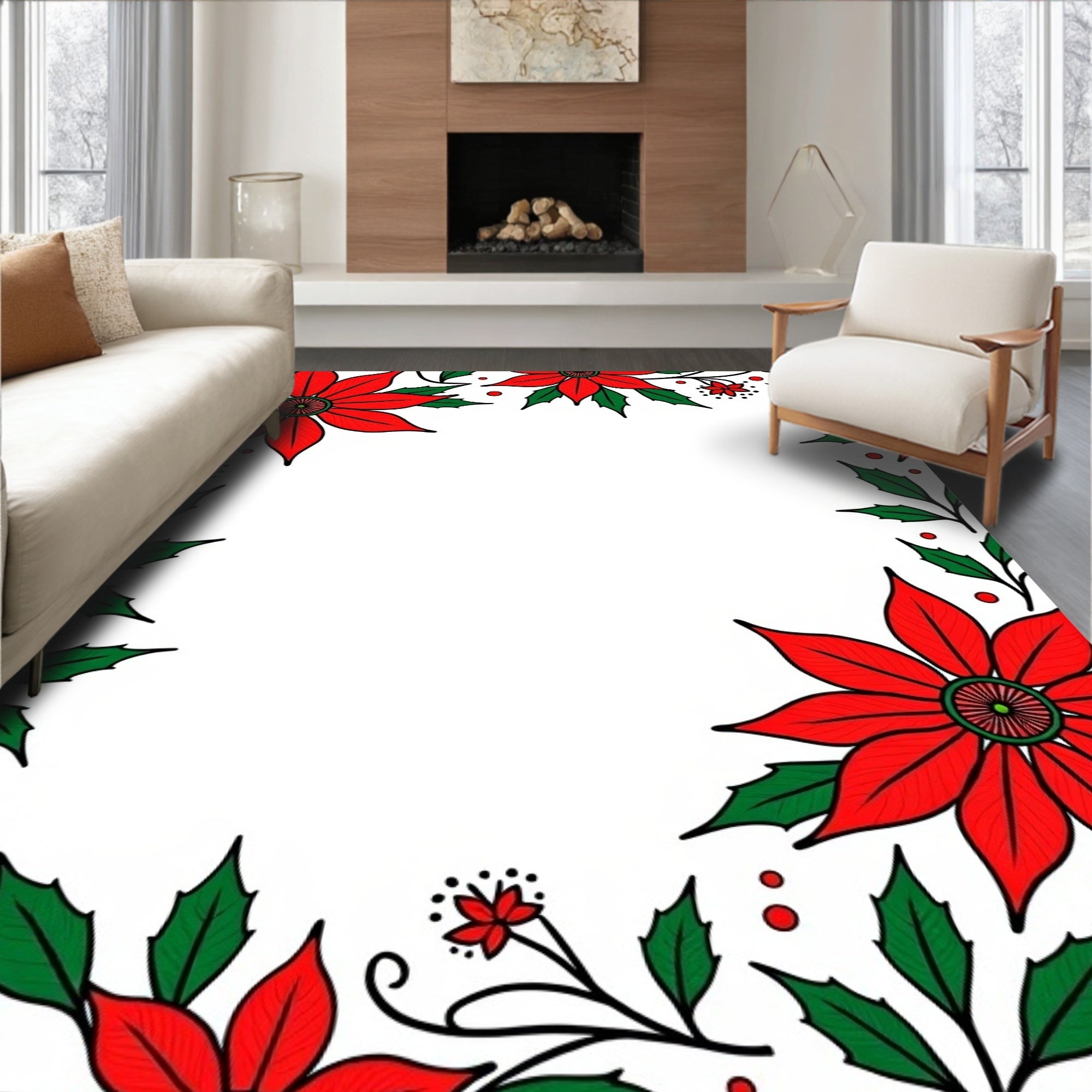 Vibrant Red Poinsettia Border Rug