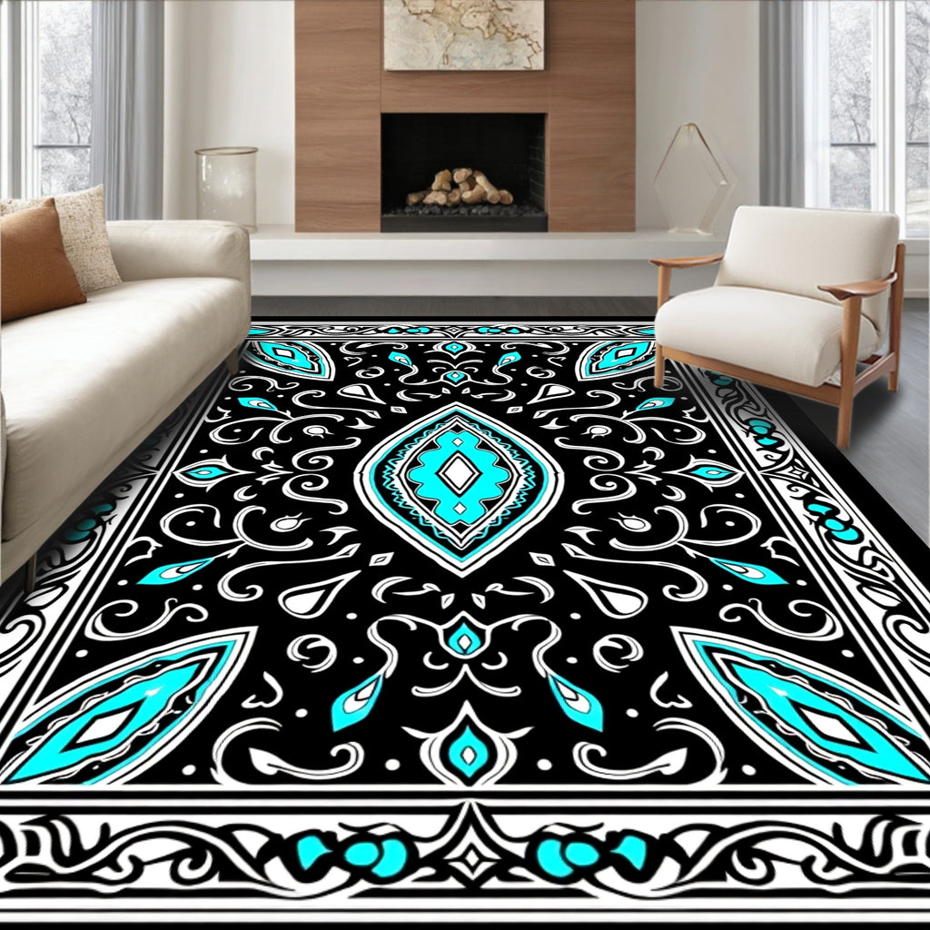 Black Cyan White Medallion Border Rug