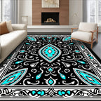 Black Cyan White Medallion Border Rug