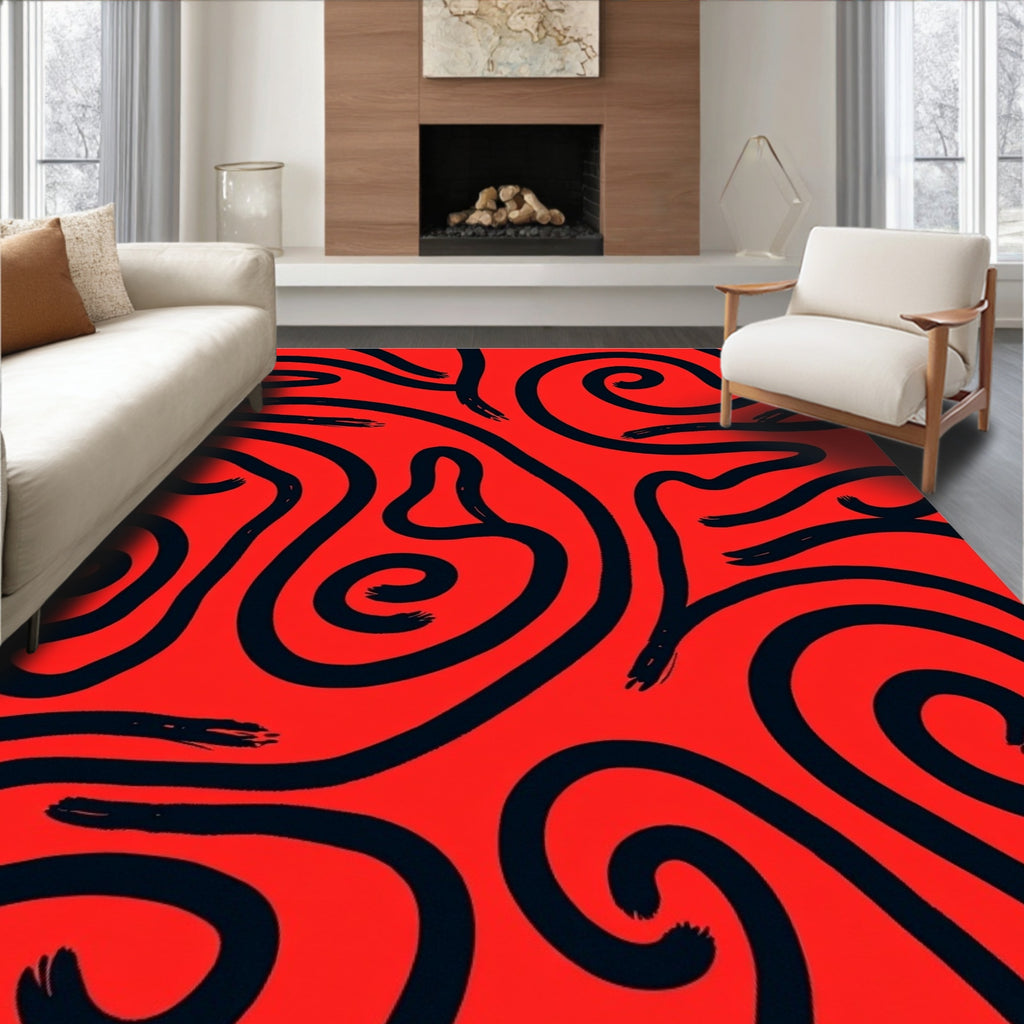 Bold Red Abstract Swirl Lines Rug