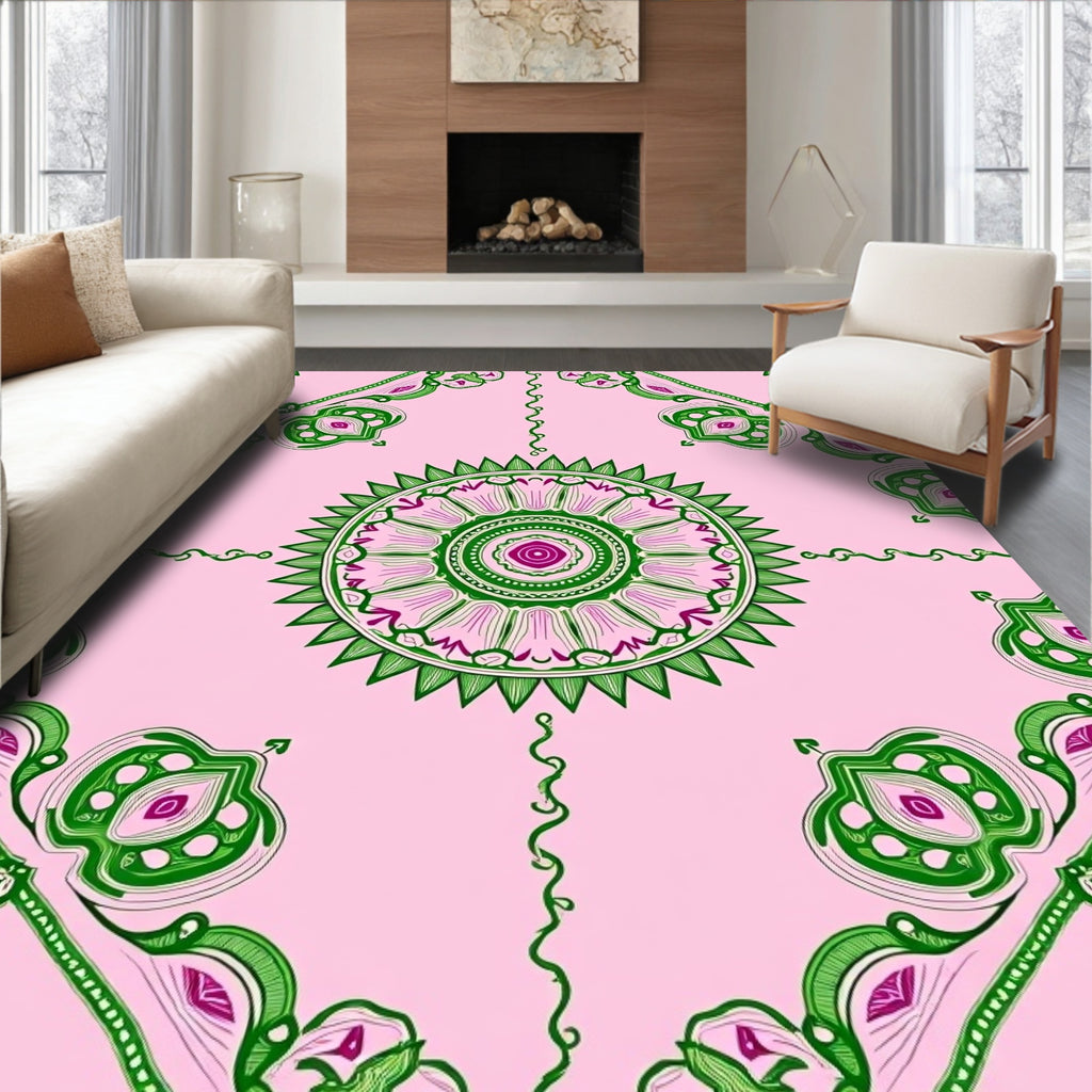 Pink Green Medallion Floral Vine Rug