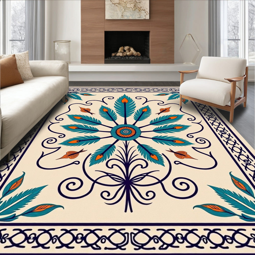 Teal Orange Feather Mandala Border Rug
