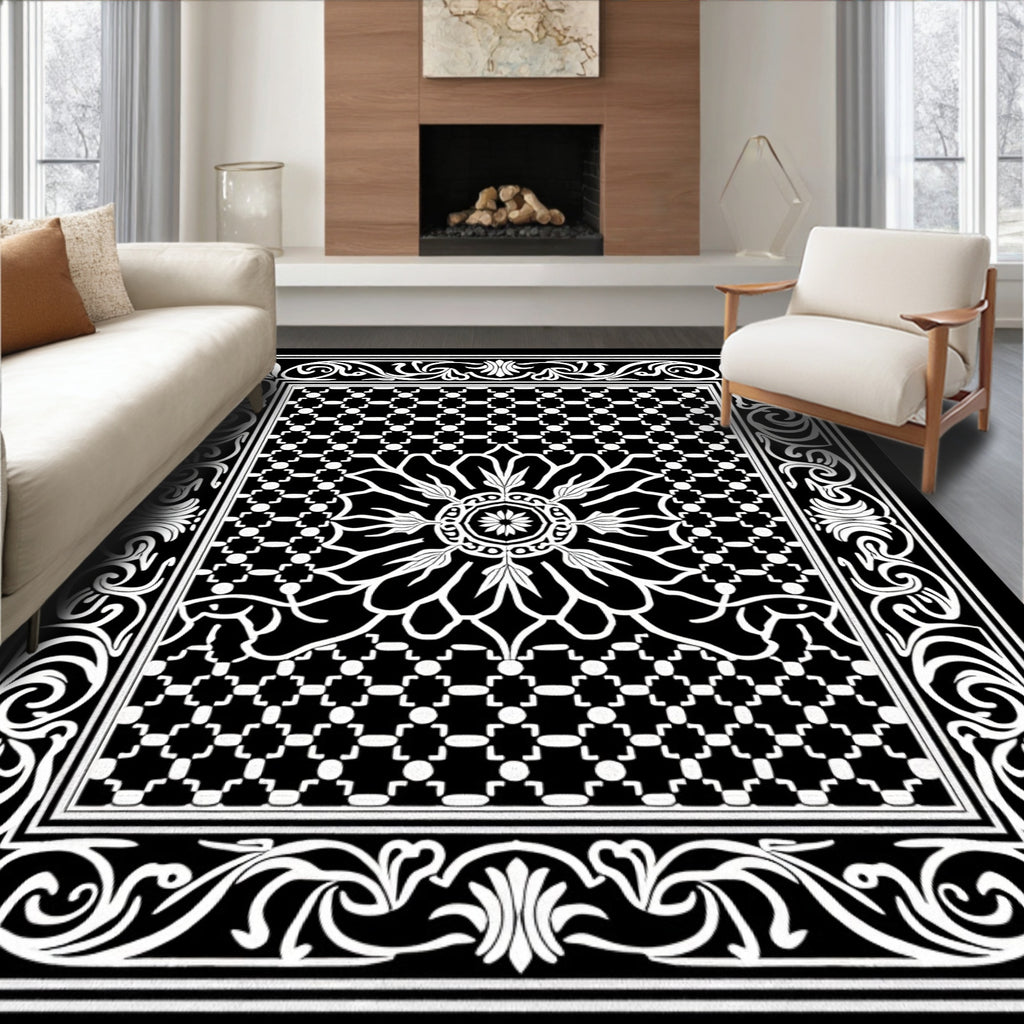 Black White Floral Medallion Geometric Border Rug