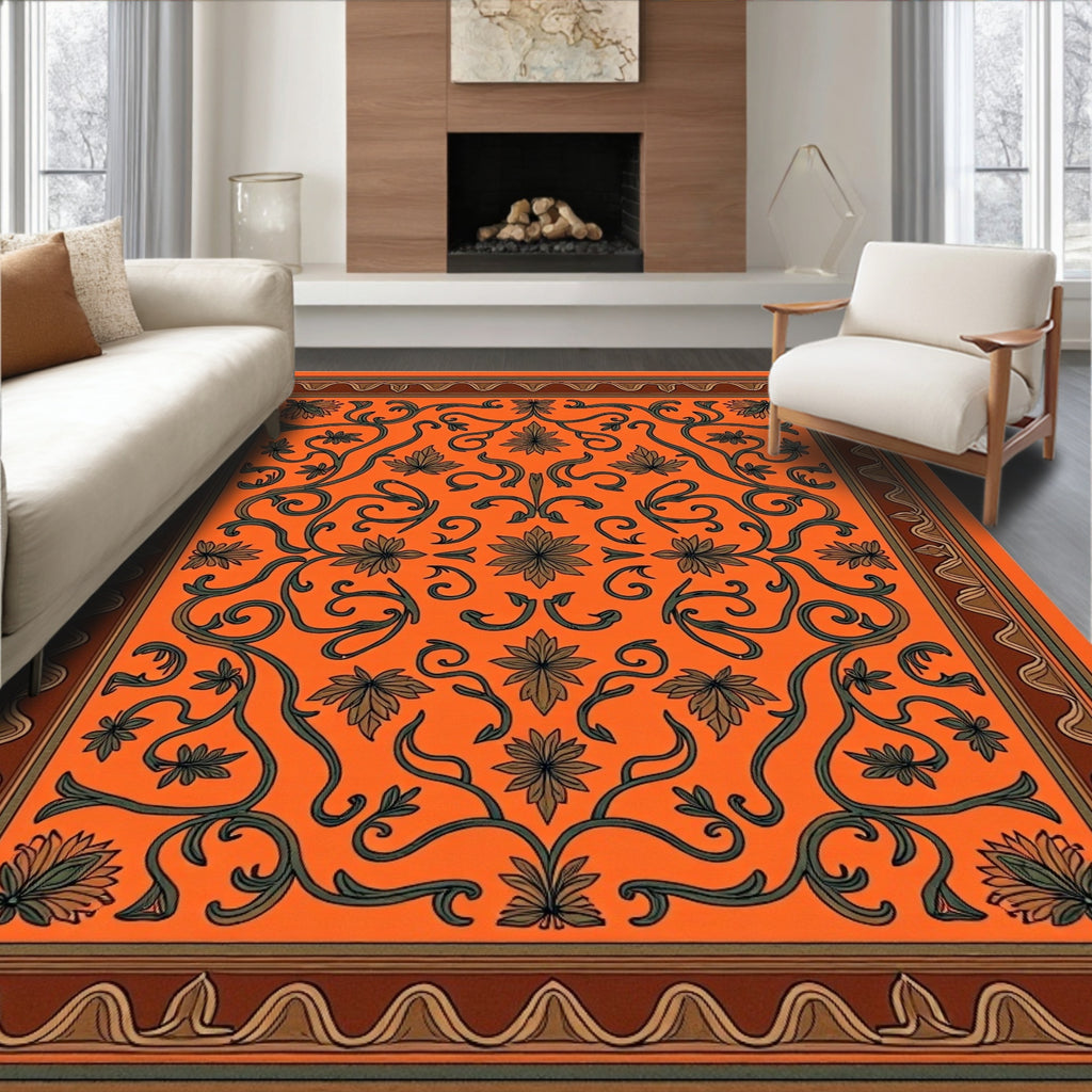 Vibrant Orange Floral Vine Medallion Rug