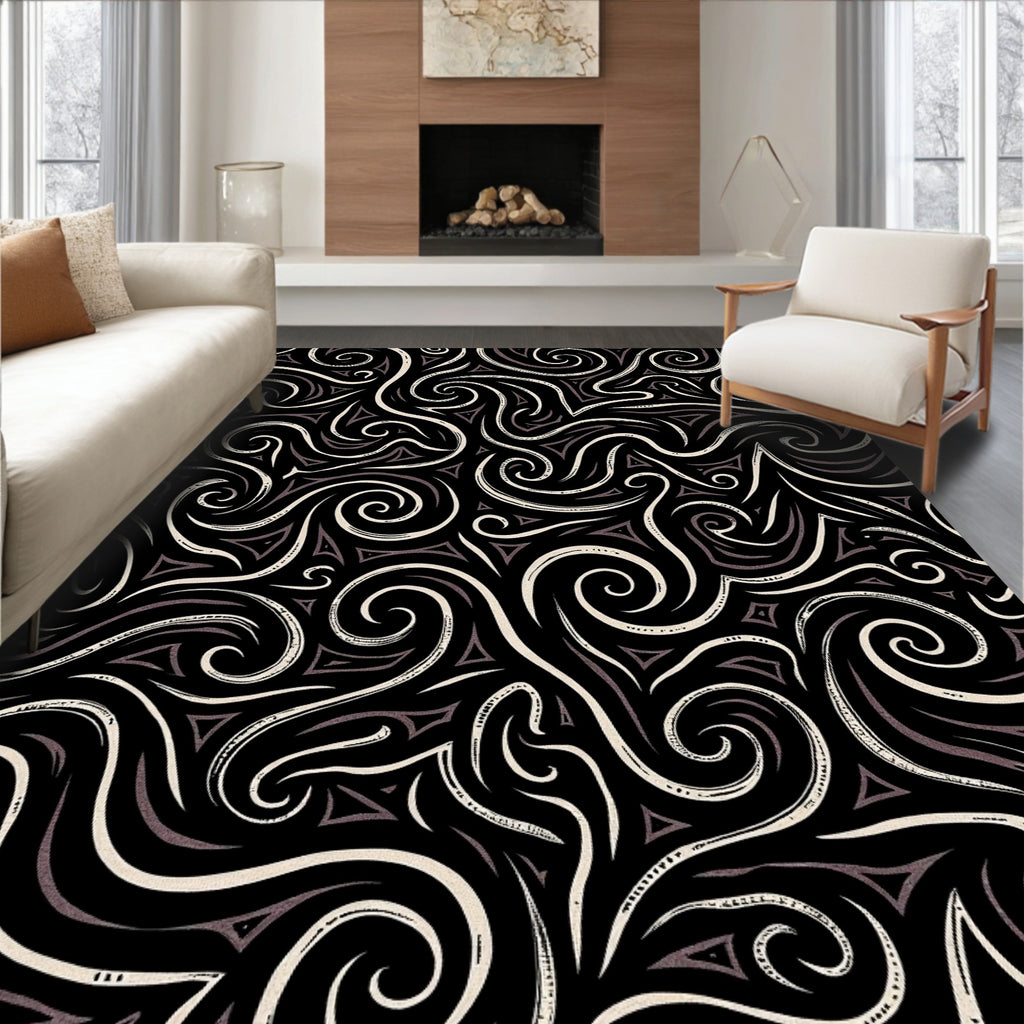 Whimsical black cream tribal swirls Rug