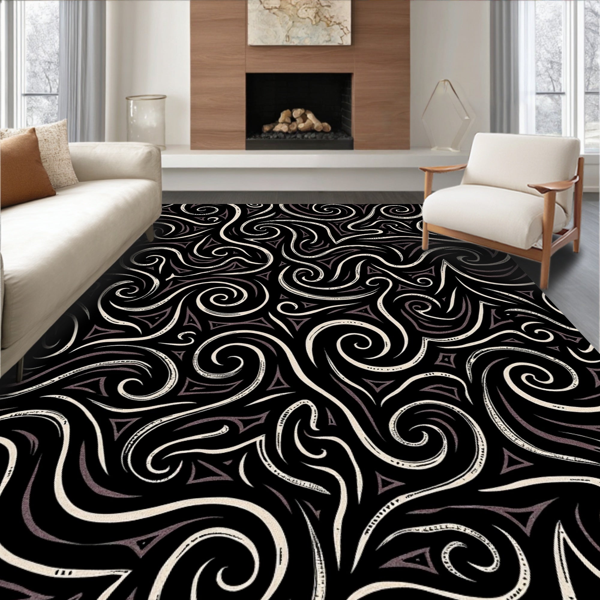 Whimsical black cream tribal swirls Rug