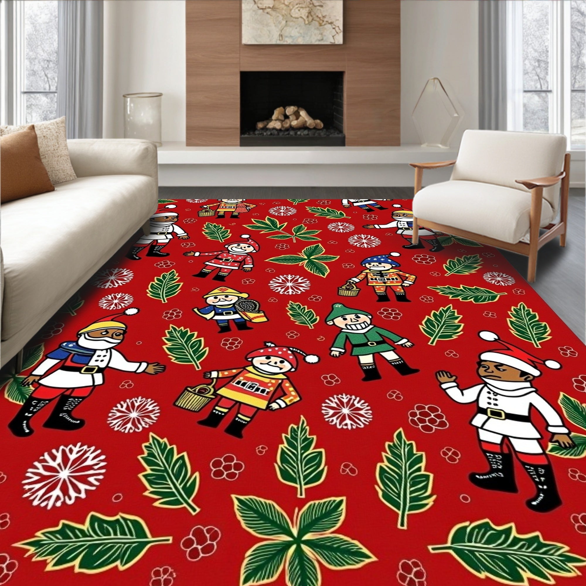 Festive Christmas Elves Snowflakes Holly Rug