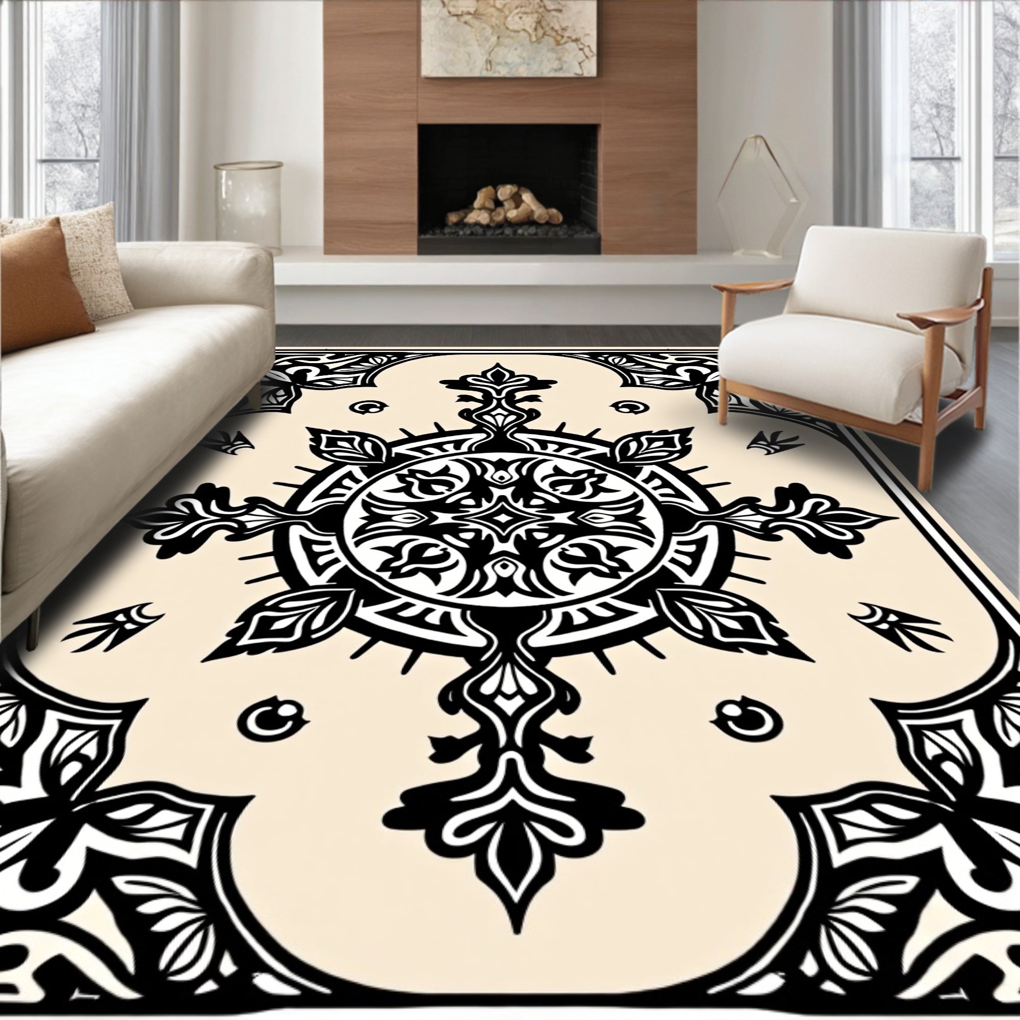Cream Black Symmetry Floral Medallion Rug