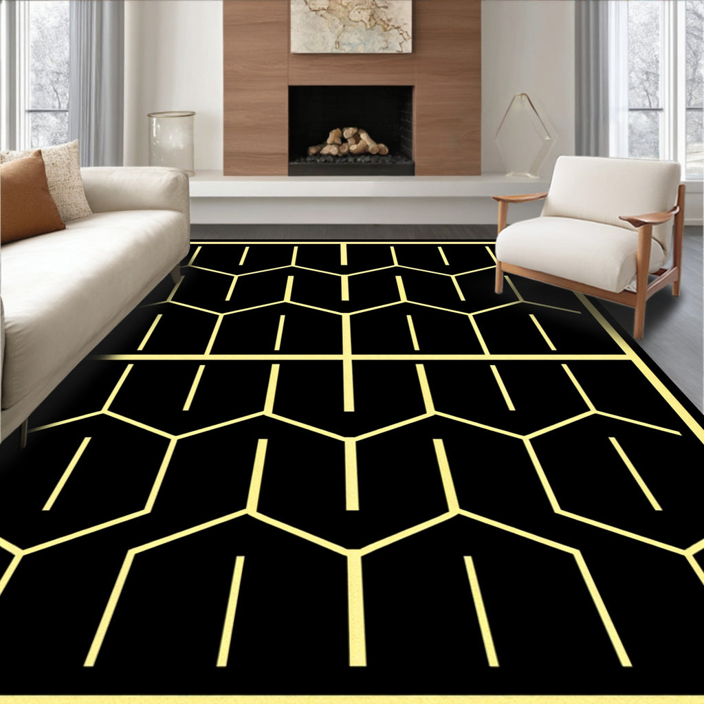 Black Yellow Honeycomb Geometric Repetition Rug