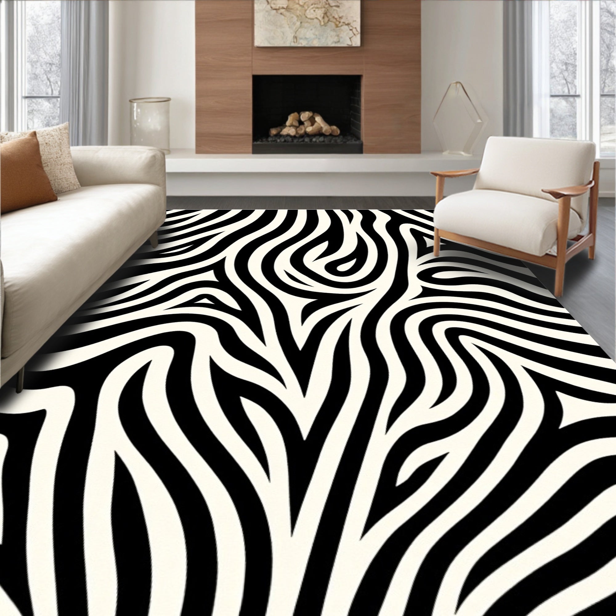 Bold Black White Abstract Swirl Rug