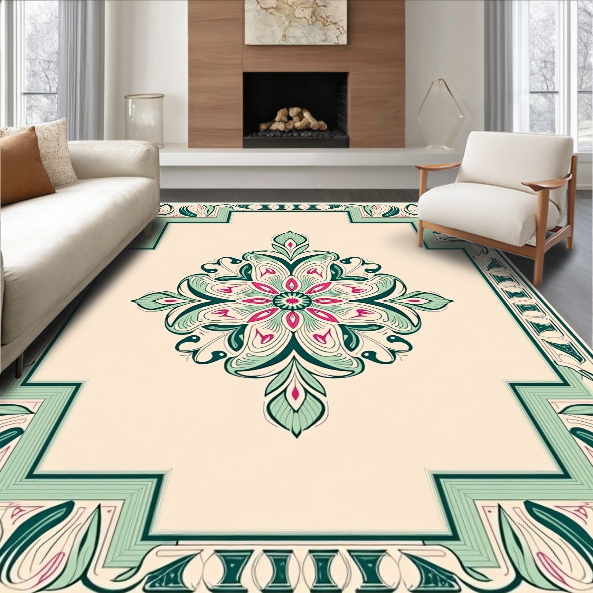 Flowing Teal Pink Floral Mandala Rug