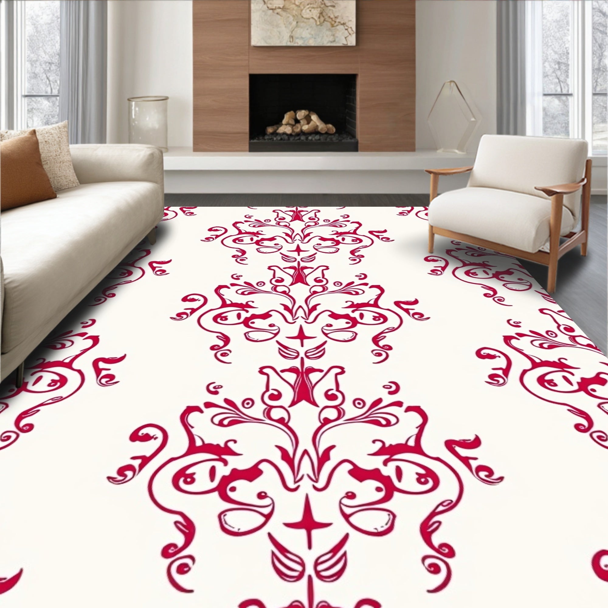 Crimson Rococo Scrollwork Ornament Rug