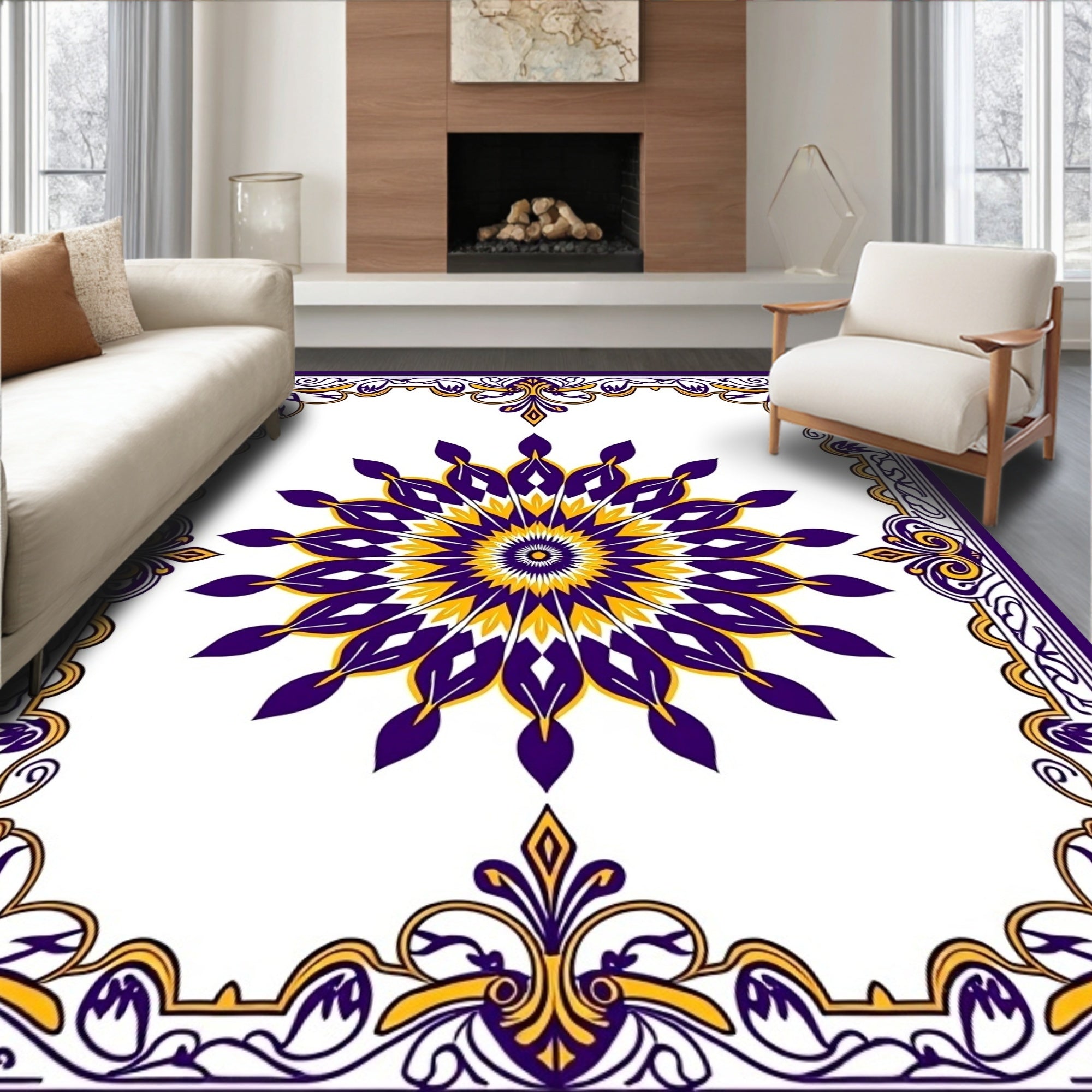 Royal Purple Yellow Sunburst Mandala Rug