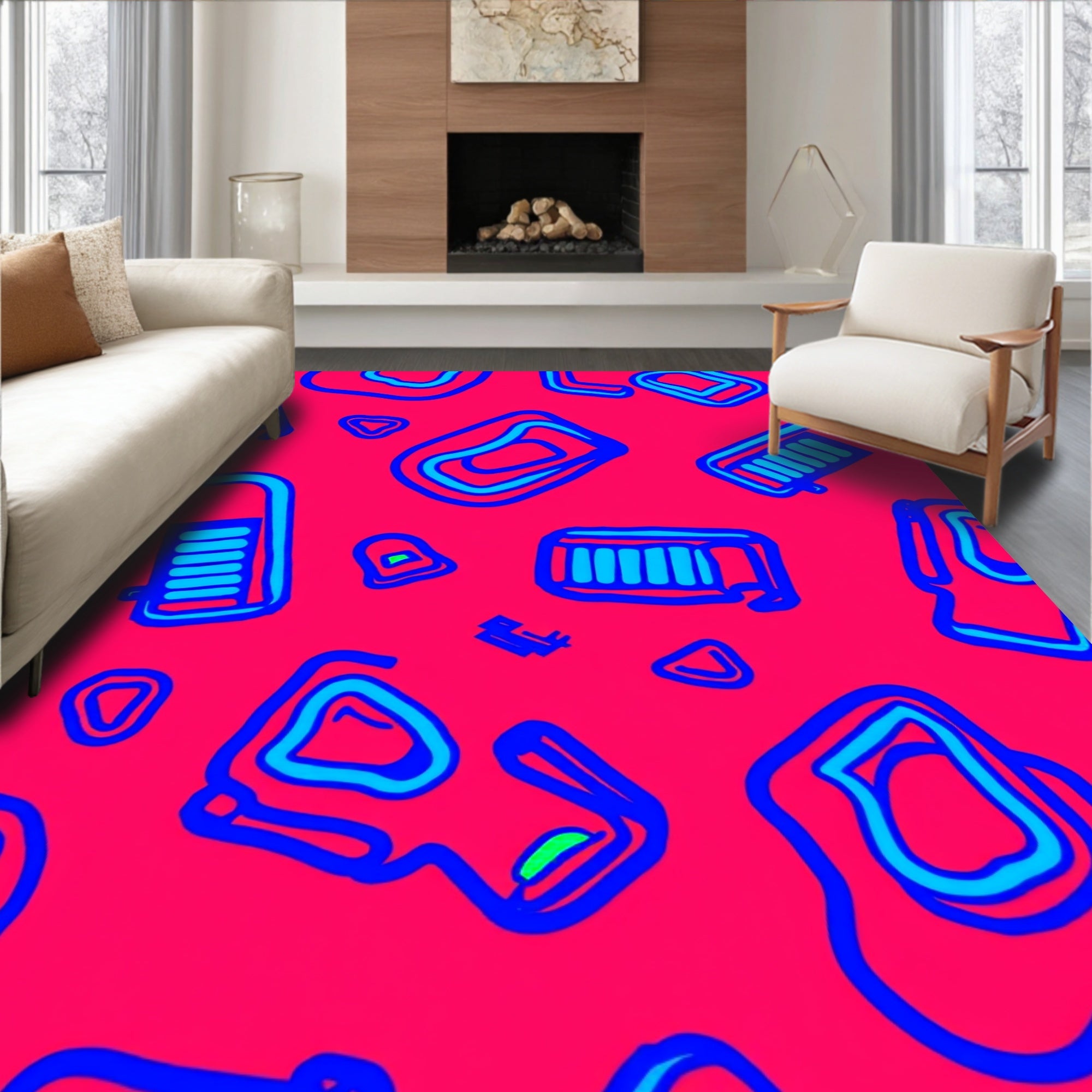 Bold Blue Shapes On Crimson Field Rug
