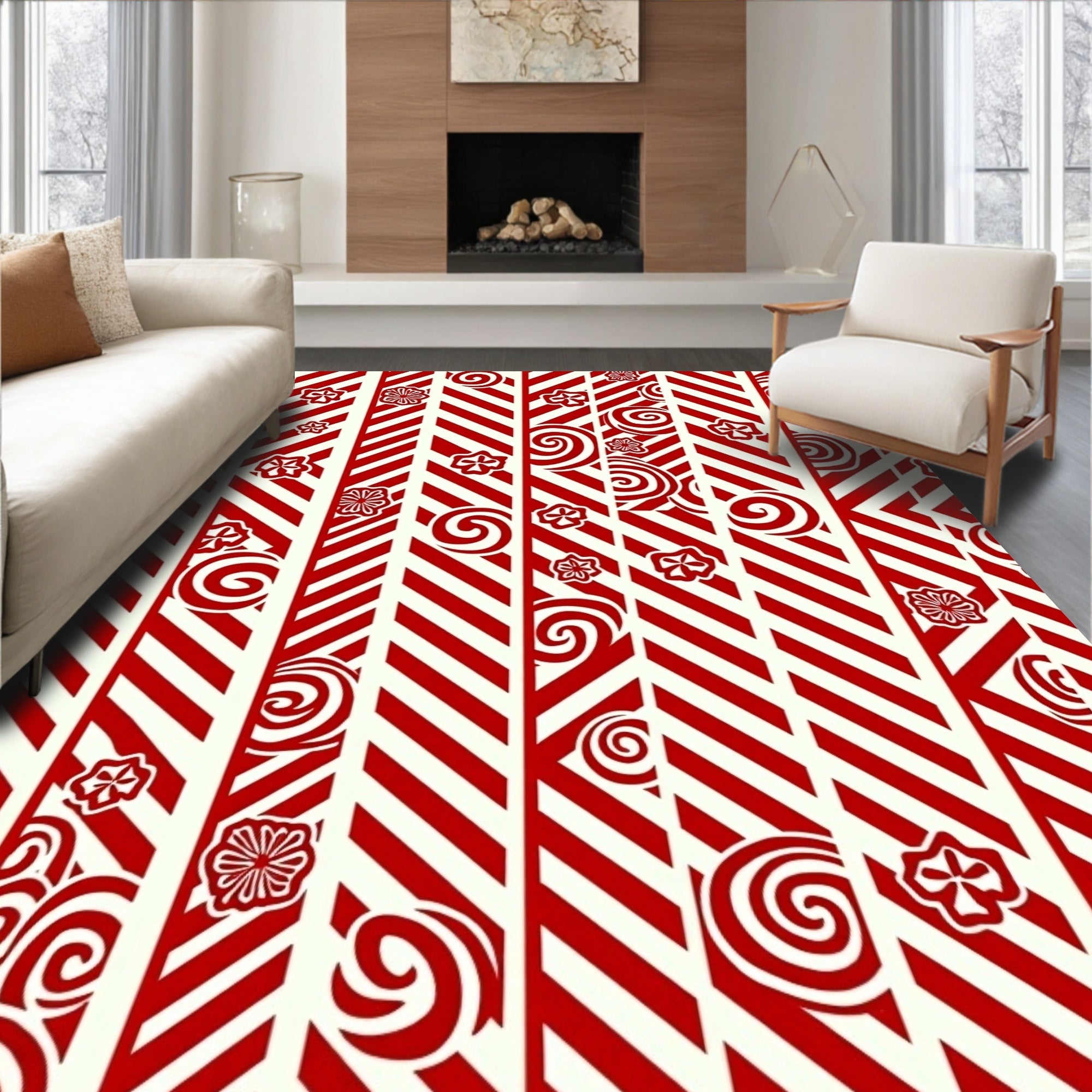 Red Swirls and Flowers Chevron Rug