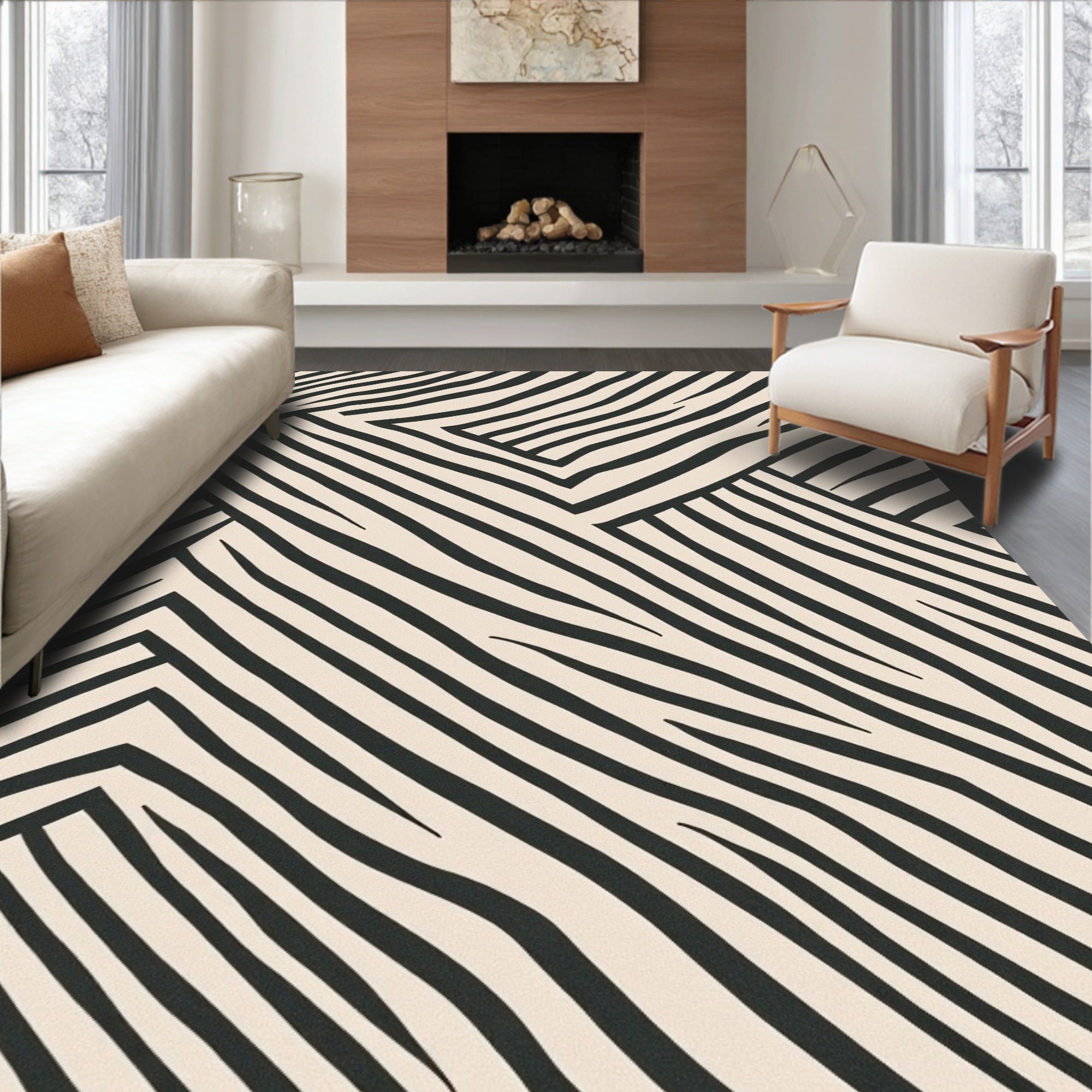 Black and Cream Wavy Stripe Geometric Rug
