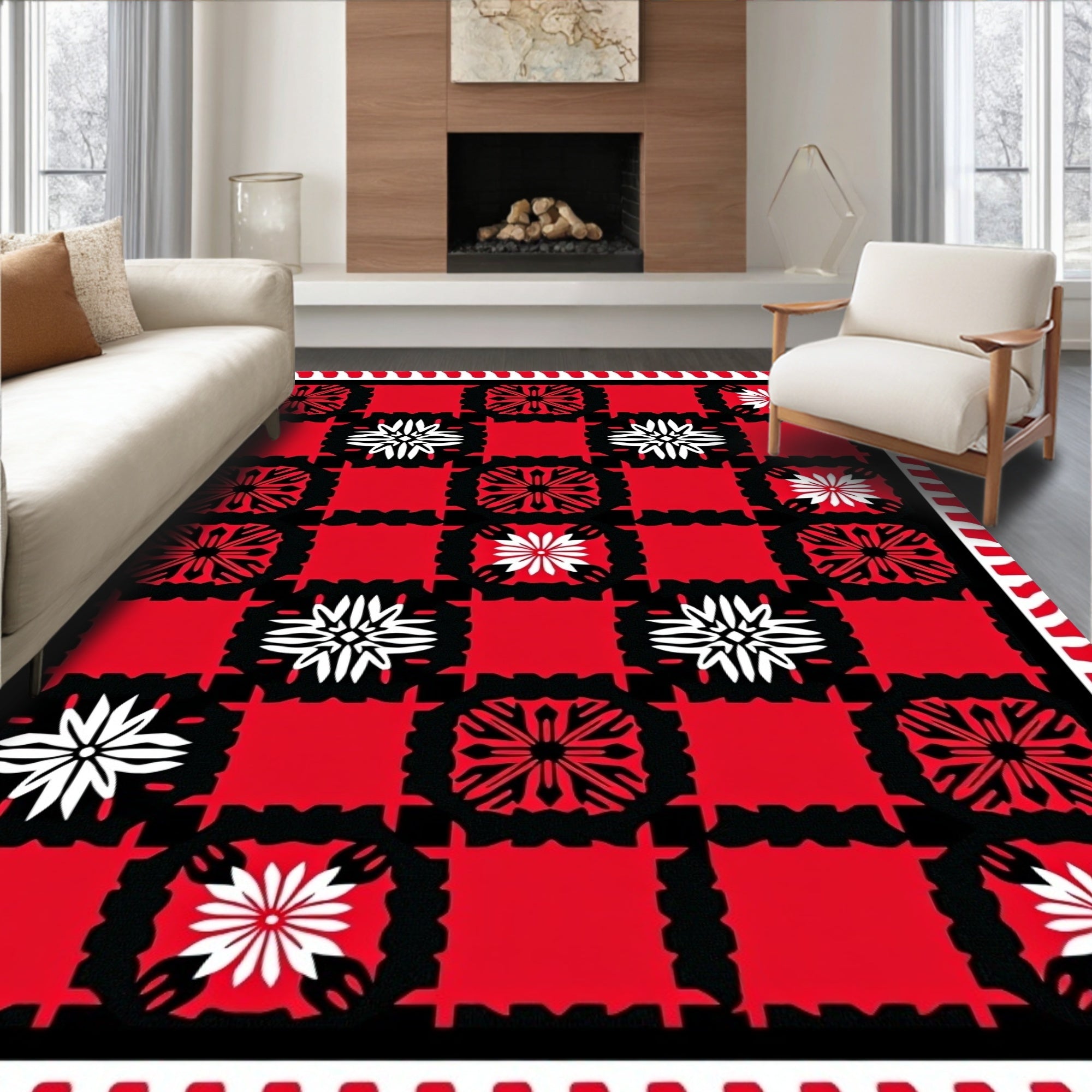 Bold Red Black Floral Check Rug