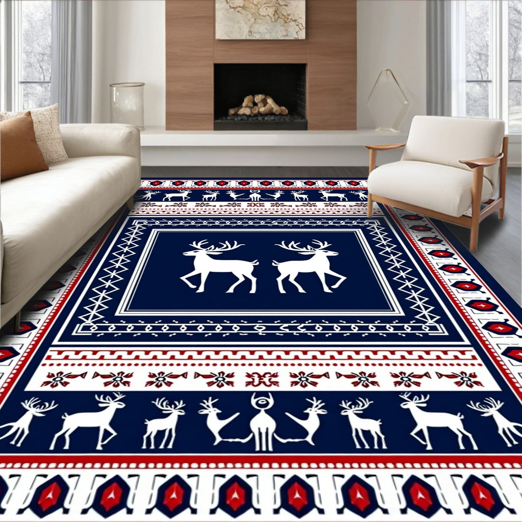 Navajo Blue White Red Deer Border Rug