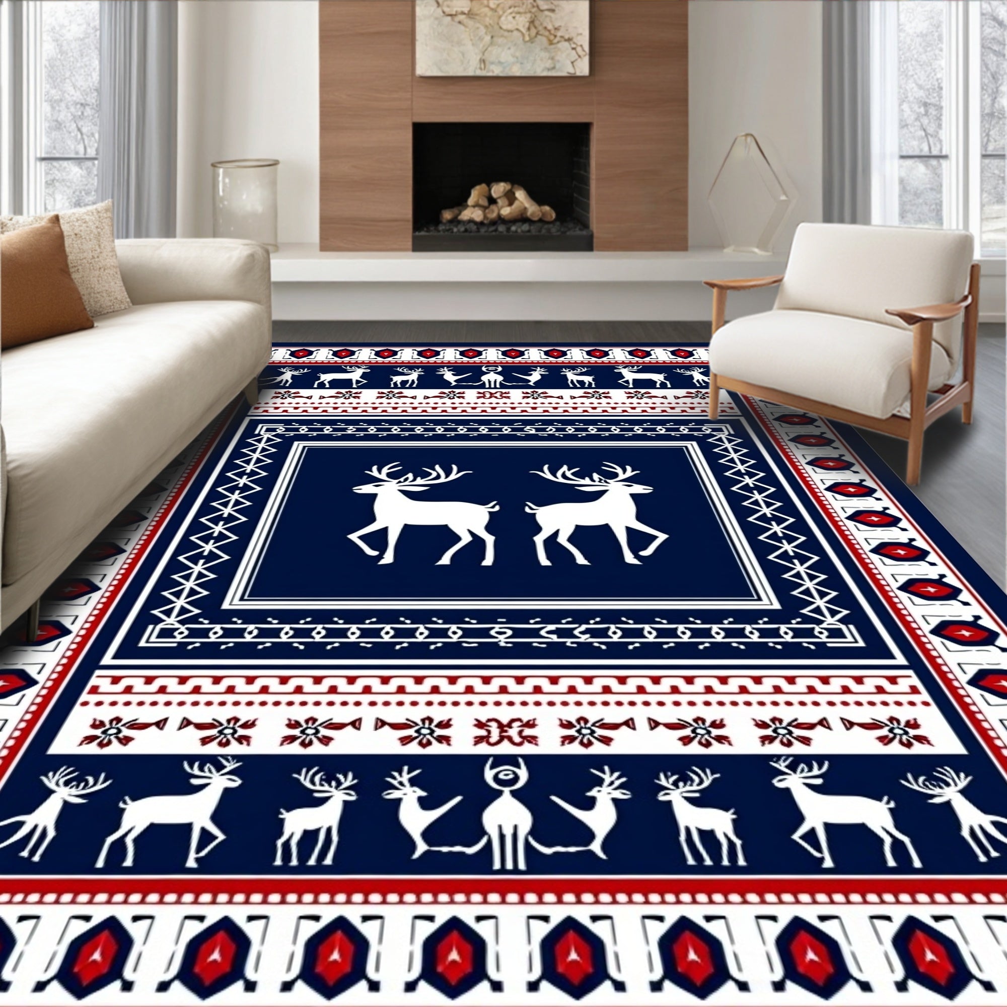 Navajo Blue White Red Deer Border Rug